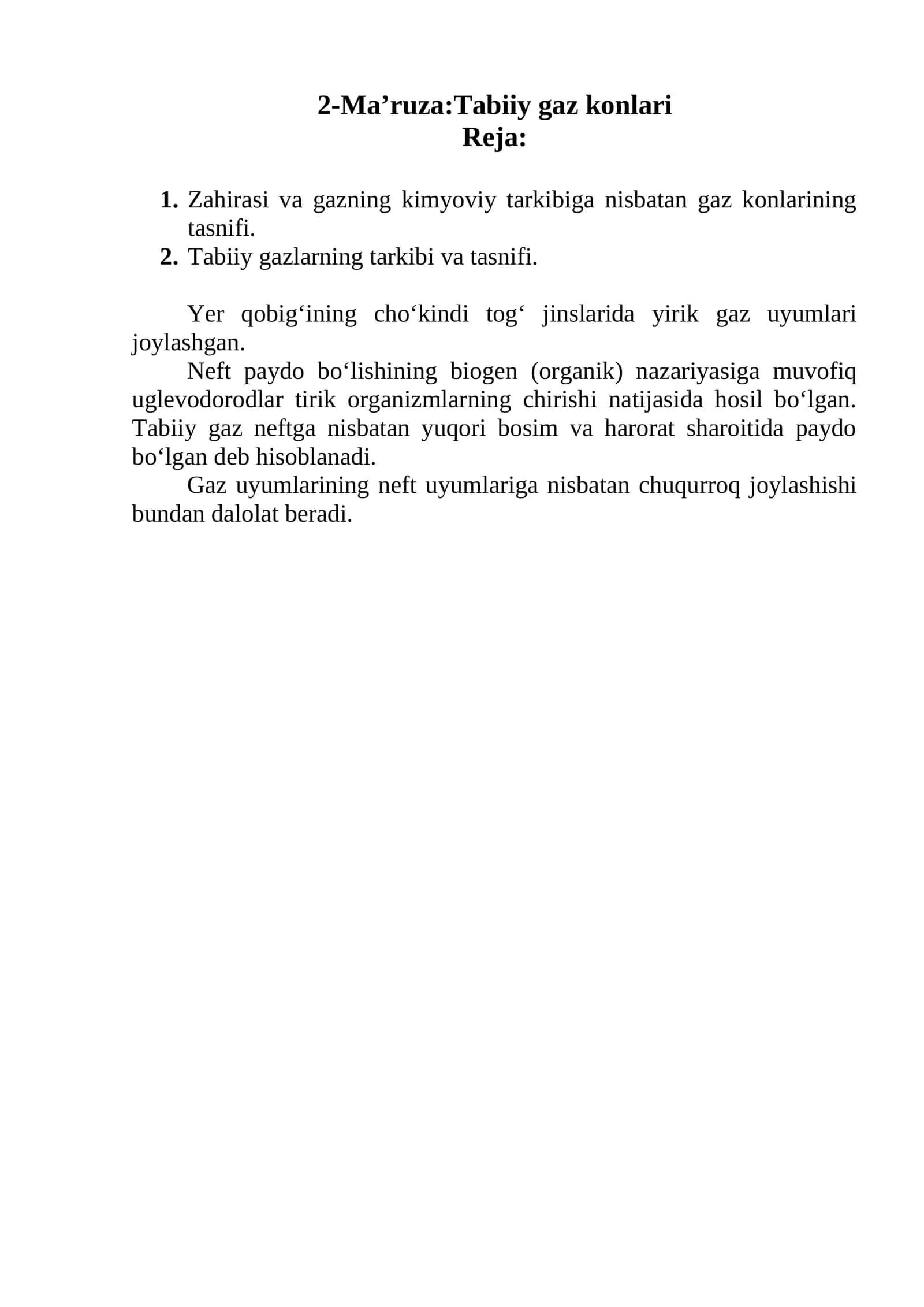 2-Ma’ruza: Tabiiy gaz konlari