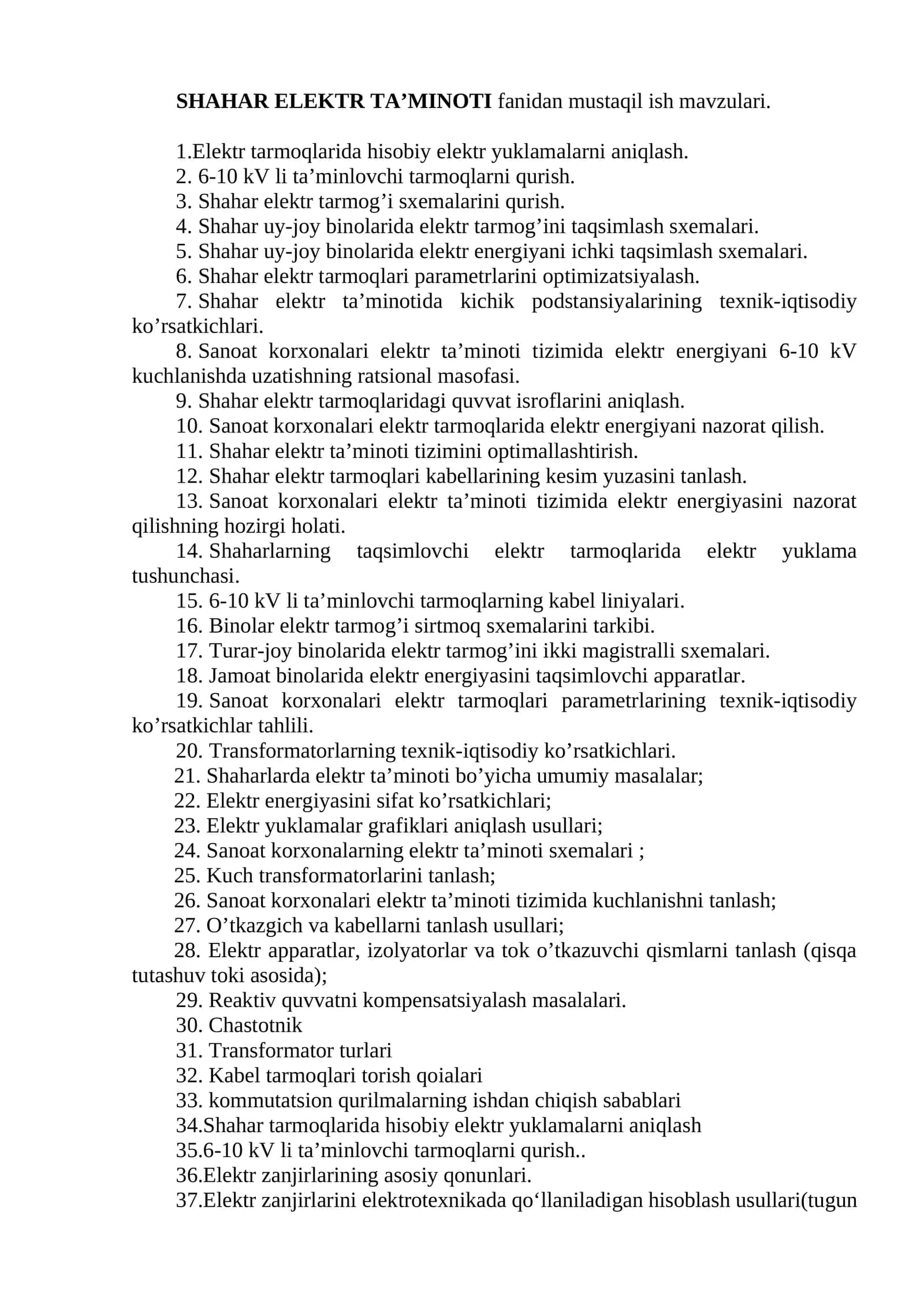 SHAHAR ELEKTR TA’MINOTI fanidan mustaqil ish mavzulari