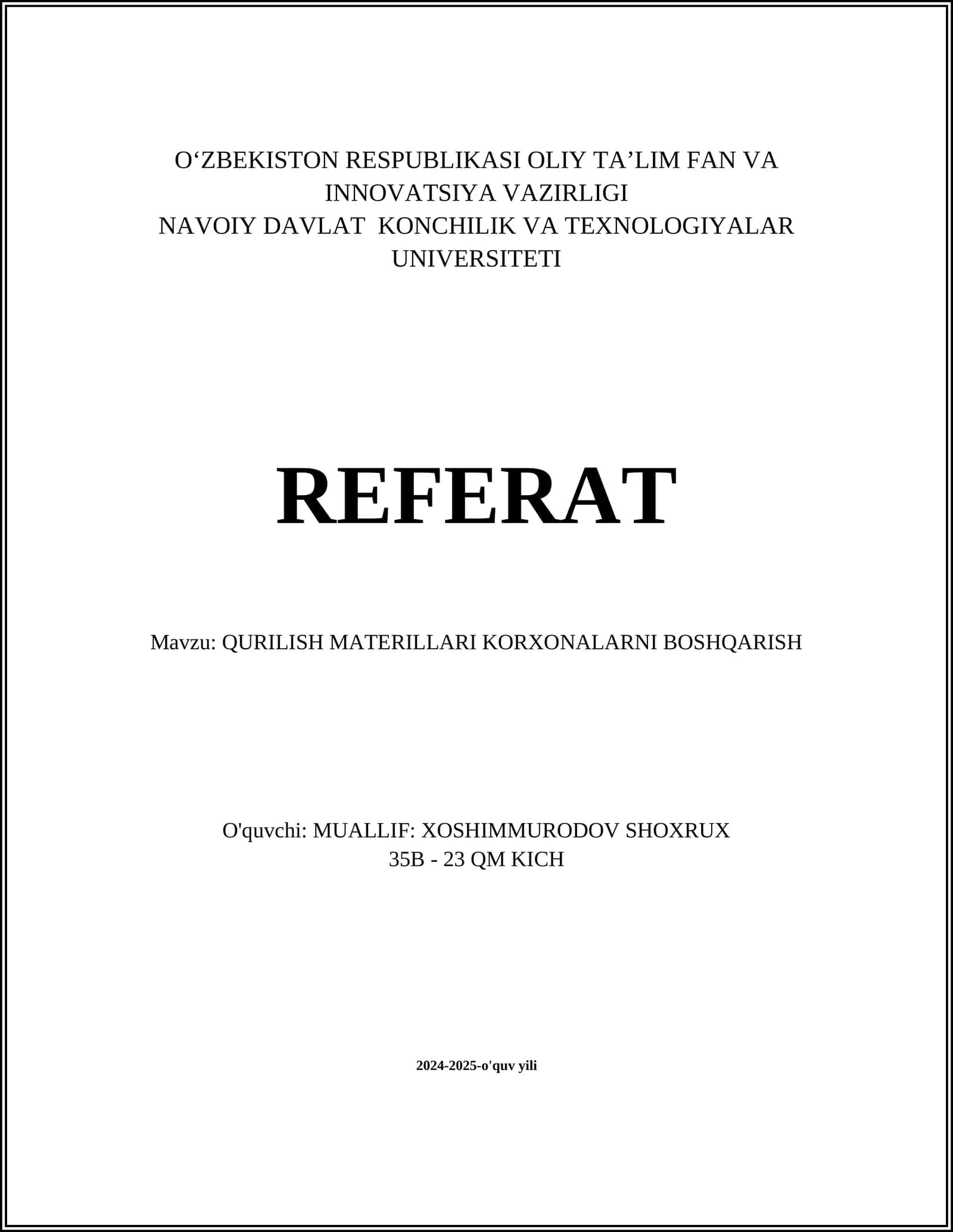 QURILISH MATERILLARI KORXONALARNI BOSHQARISH