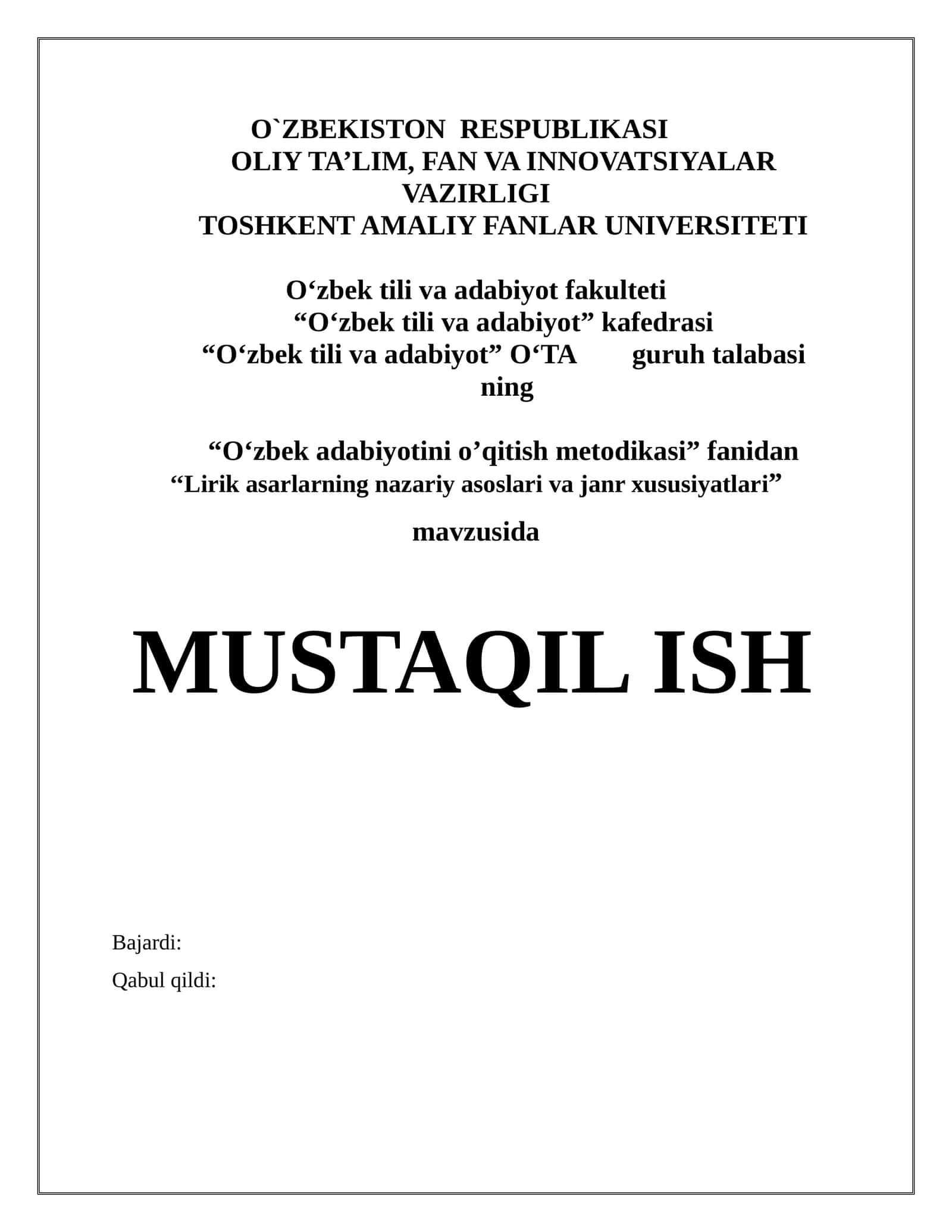 Lirik asarlarning nazariy asoslari va janr xususiyatlari