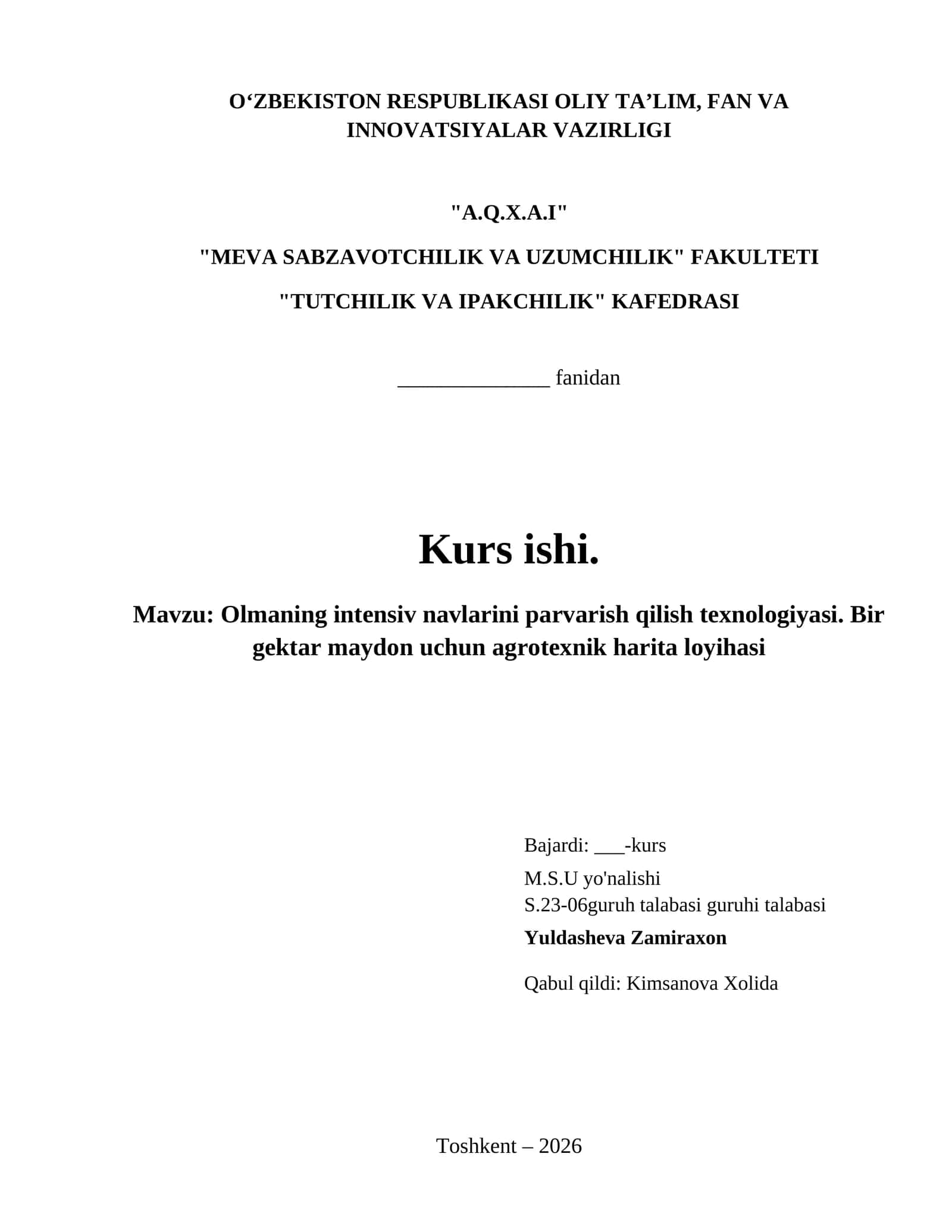 Olmaning intensiv navlarini parvarish qilish texnologiyasi. Bir gektar maydon uchun agrotexnik harita loyihasi