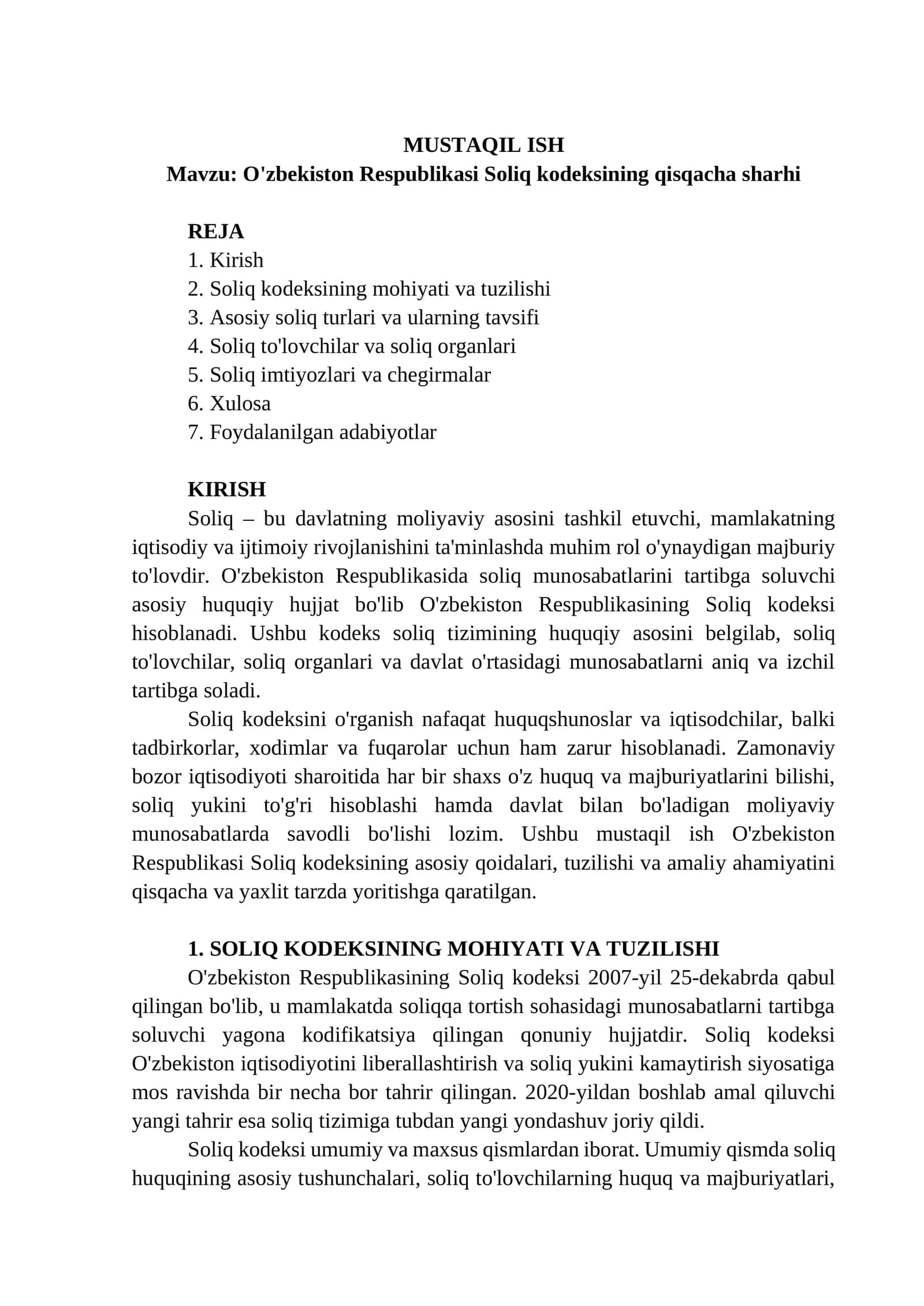 O'zbekiston Respublikasi Soliq kodeksining qisqacha sharhi