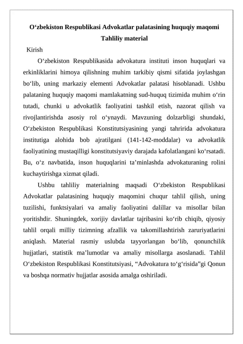 Oʻzbekiston Respublikasi Advokatlar palatasining huquqiy maqomi Tahliliy material