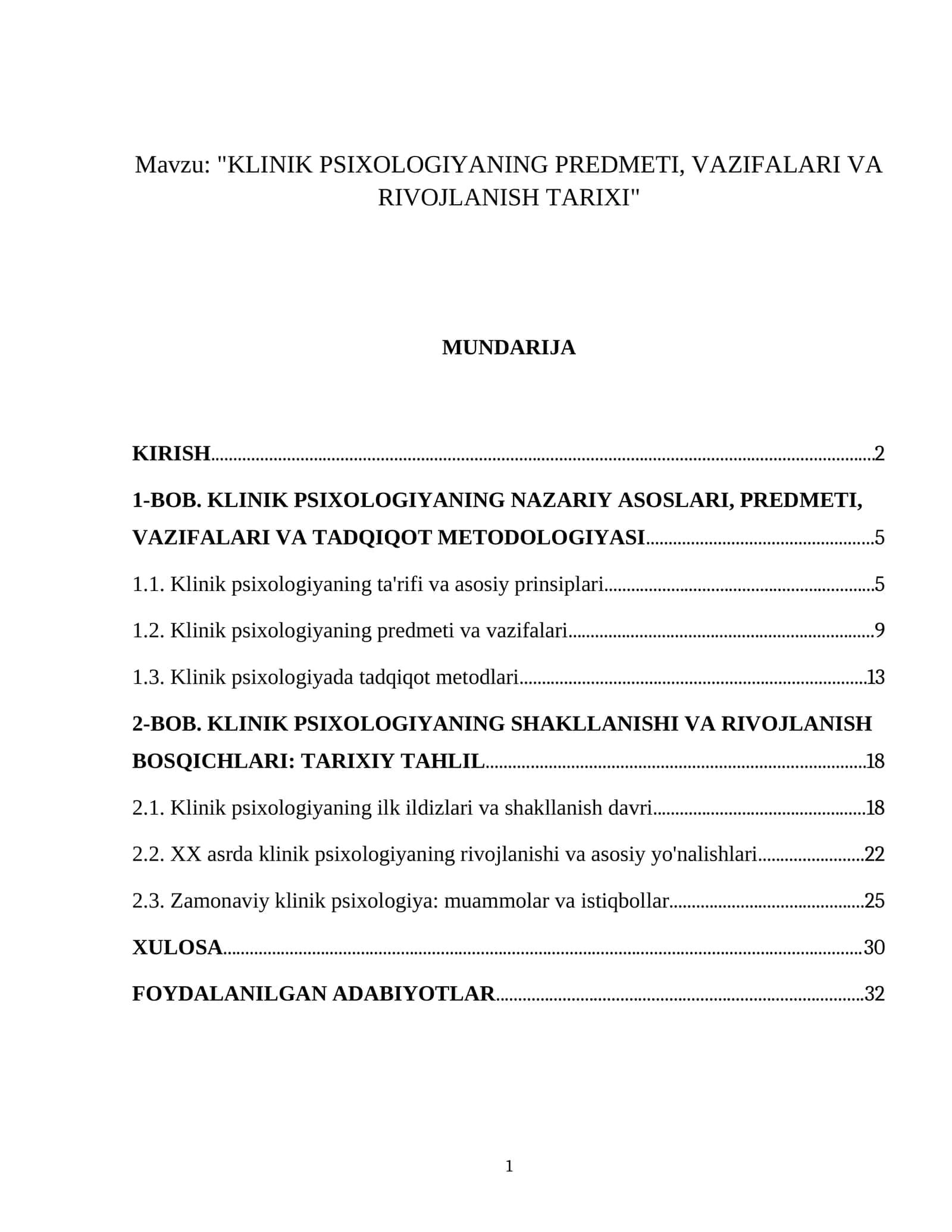 KLINIK PSIXOLOGIYANING PREDMETI, VAZIFALARI VA RIVOJLANISH TARIXI