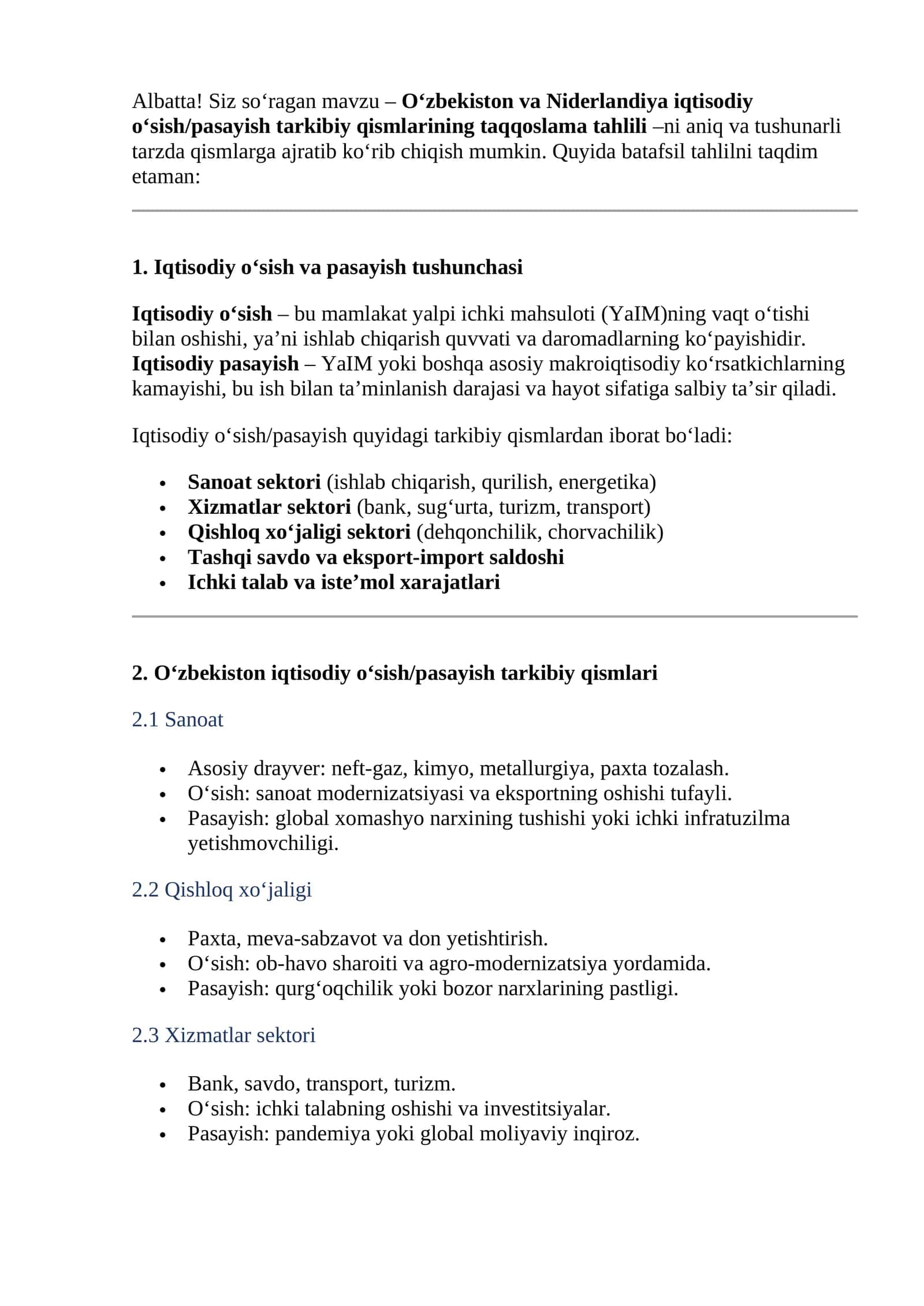 O‘zbekiston va Niderlandiya iqtisodiy o‘sish/pasayish tarkibiy qismlarining taqqoslama tahlili