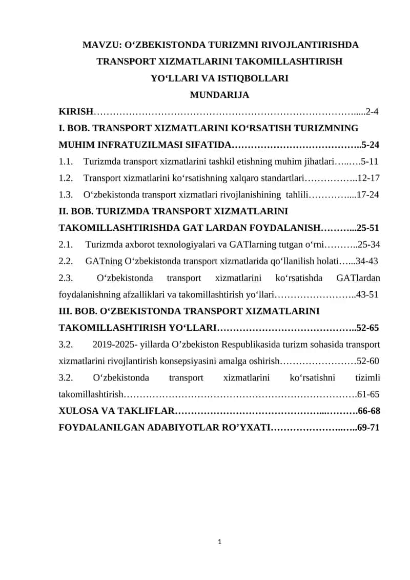 OʻZBEKISTONDA TURIZMNI RIVOJLANTIRISHDA TRANSPORT XIZMATLARINI TAKOMILLASHTIRISH