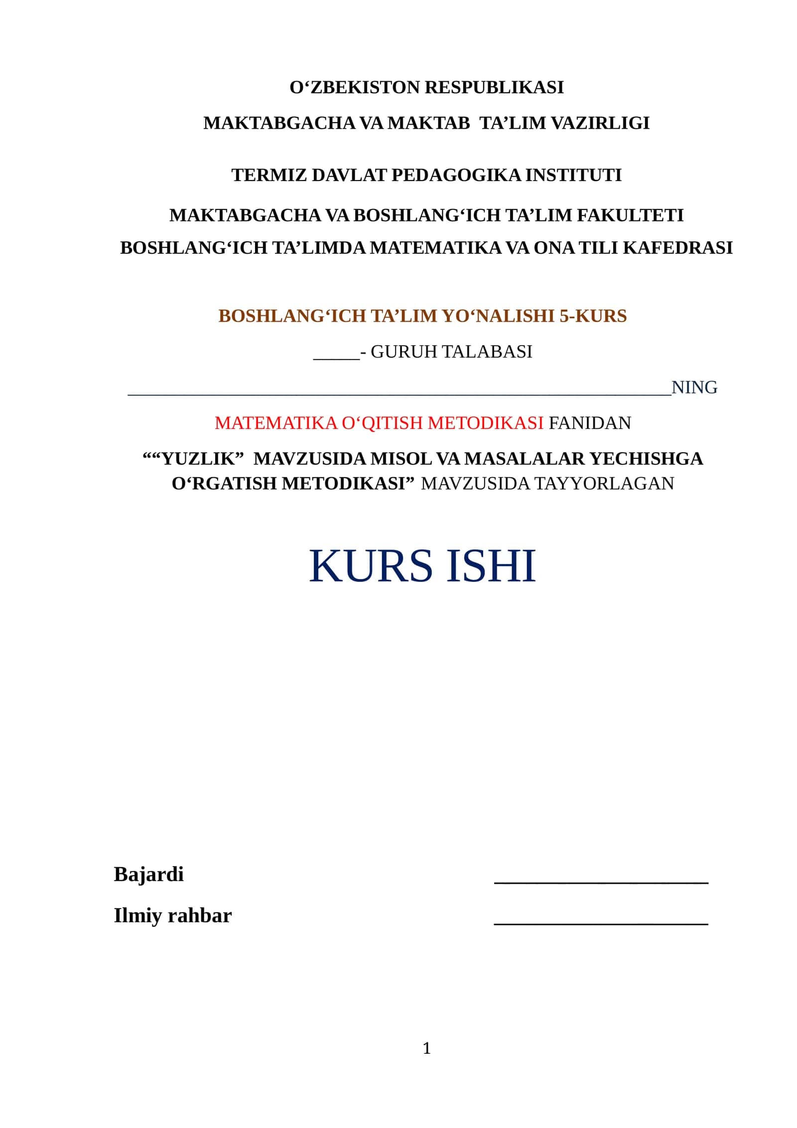 "YUZLIK" MAVZUSIDA MISOL VA MASALALAR YECHISHGA O‘RGATISH METODIKASI