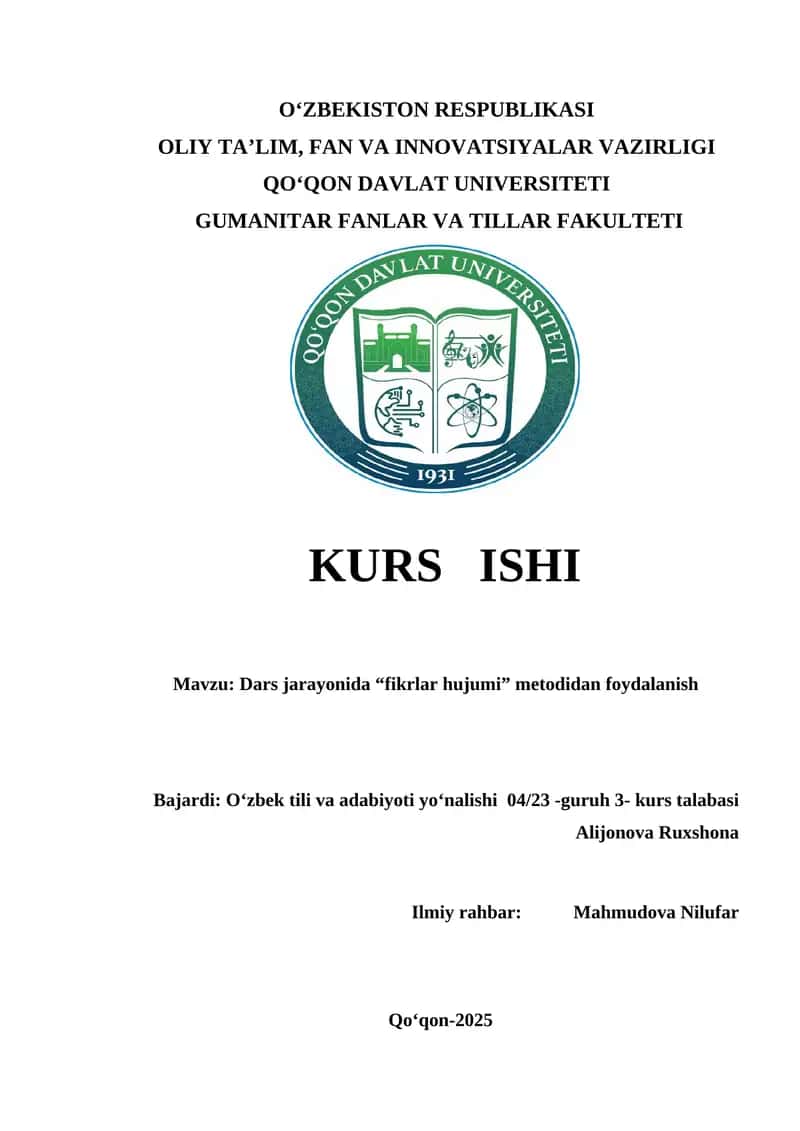Dars jarayonida “fikrlar hujumi” metodidan foydalanish