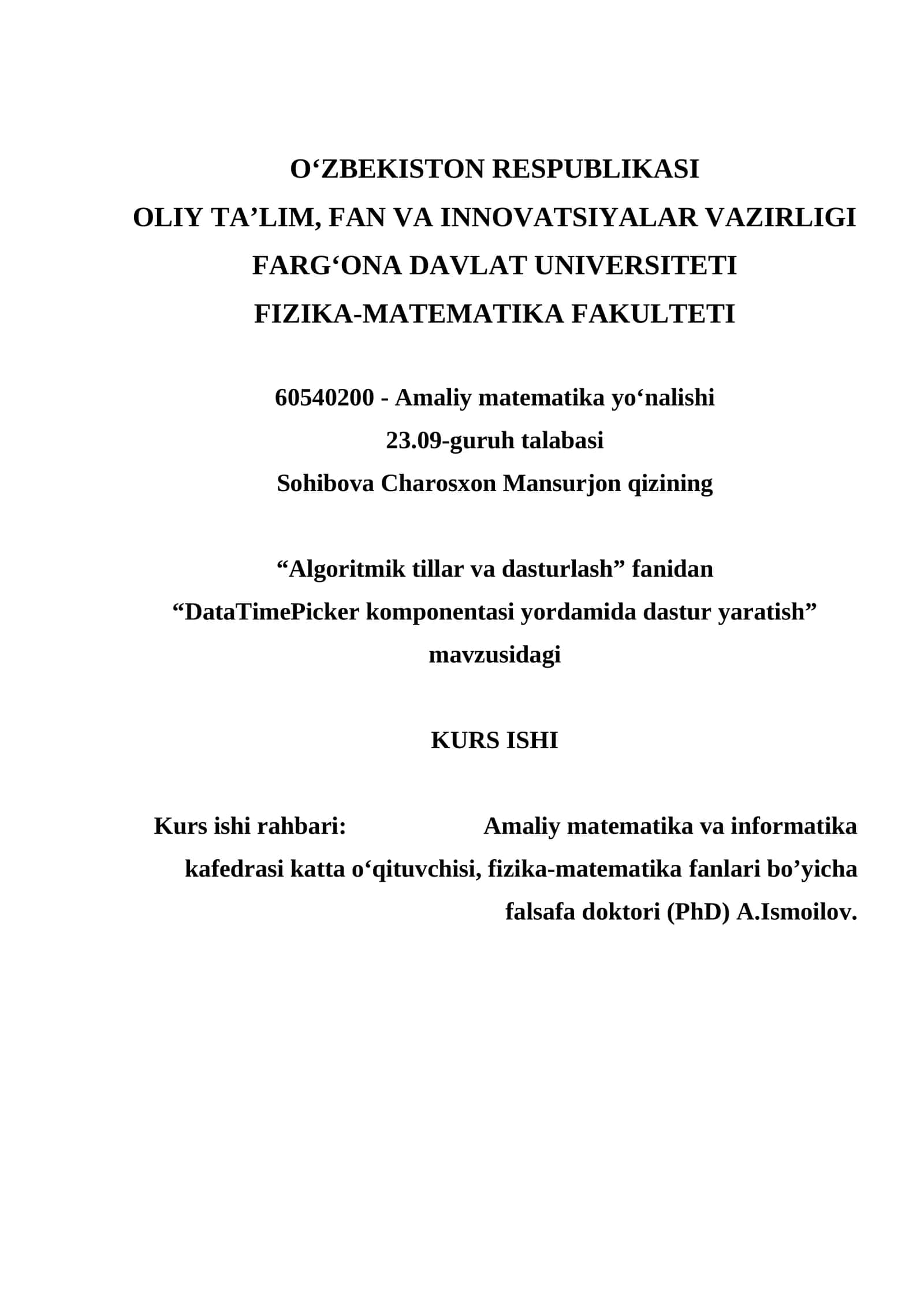 DataTimePicker komponentasi yordamida dastur yaratish