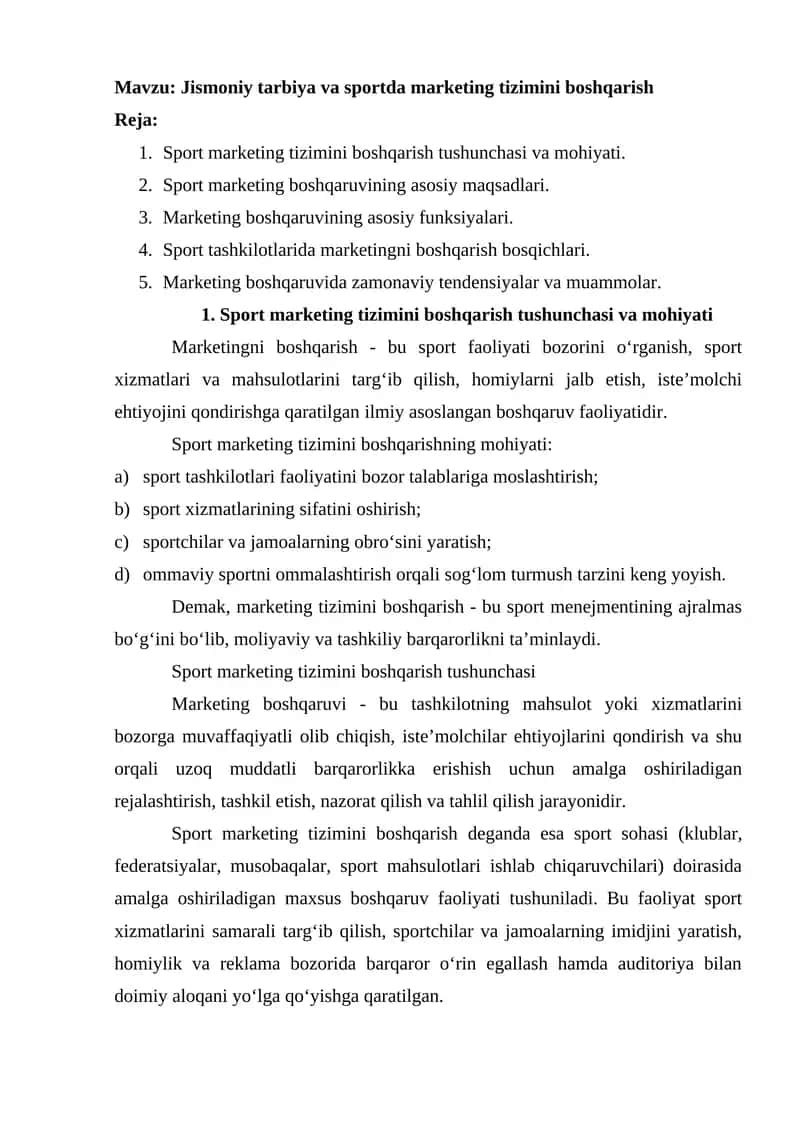 Jismoniy tarbiya va sportda marketing tizimini boshqarish