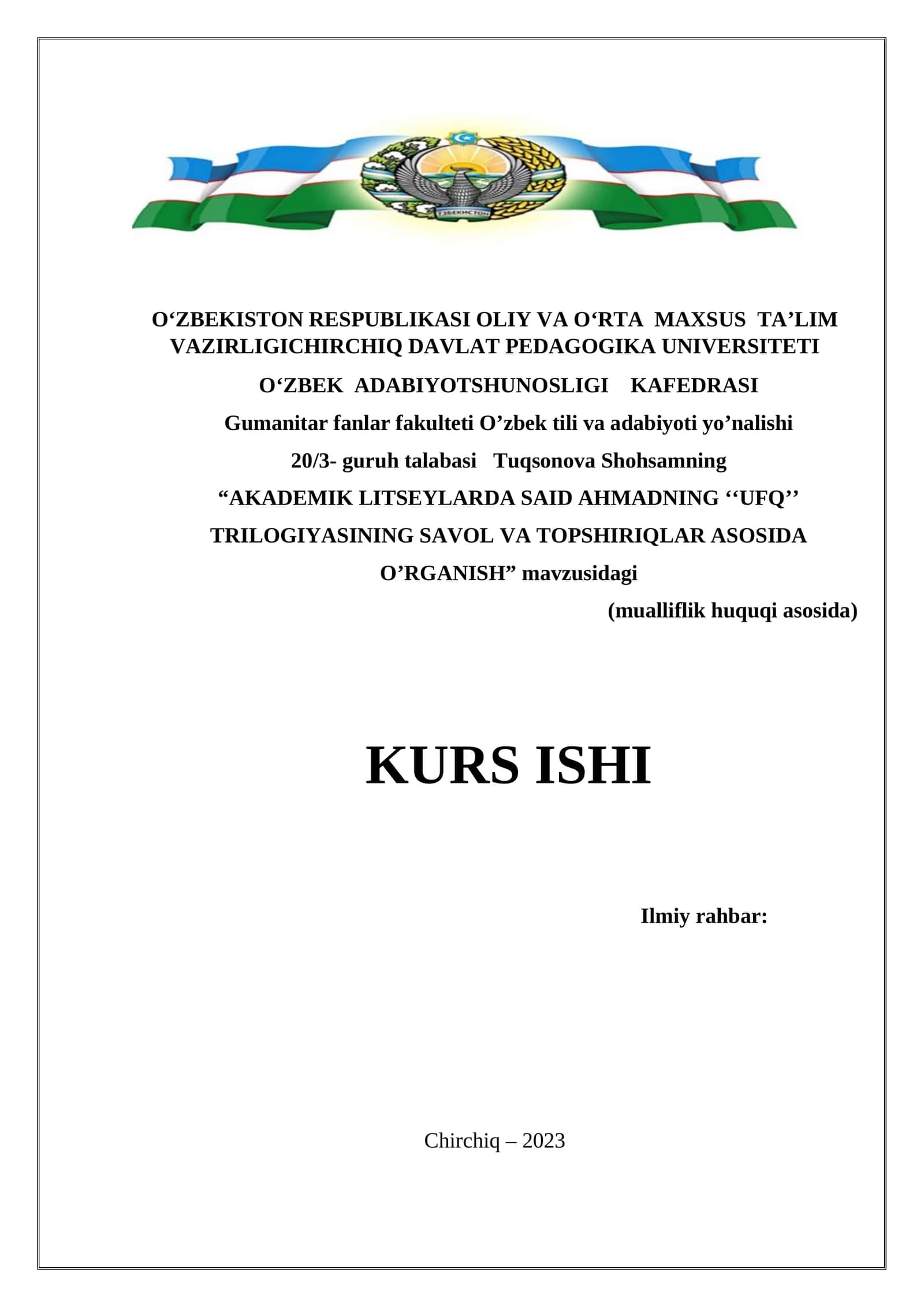 AKADEMIK LITSEYLARDA SAID AHMADNING ‘‘UFQ’’ TRILOGIYASINING SAVOL VA TOPSHIRIQLAR ASOSIDA O’RGANISH