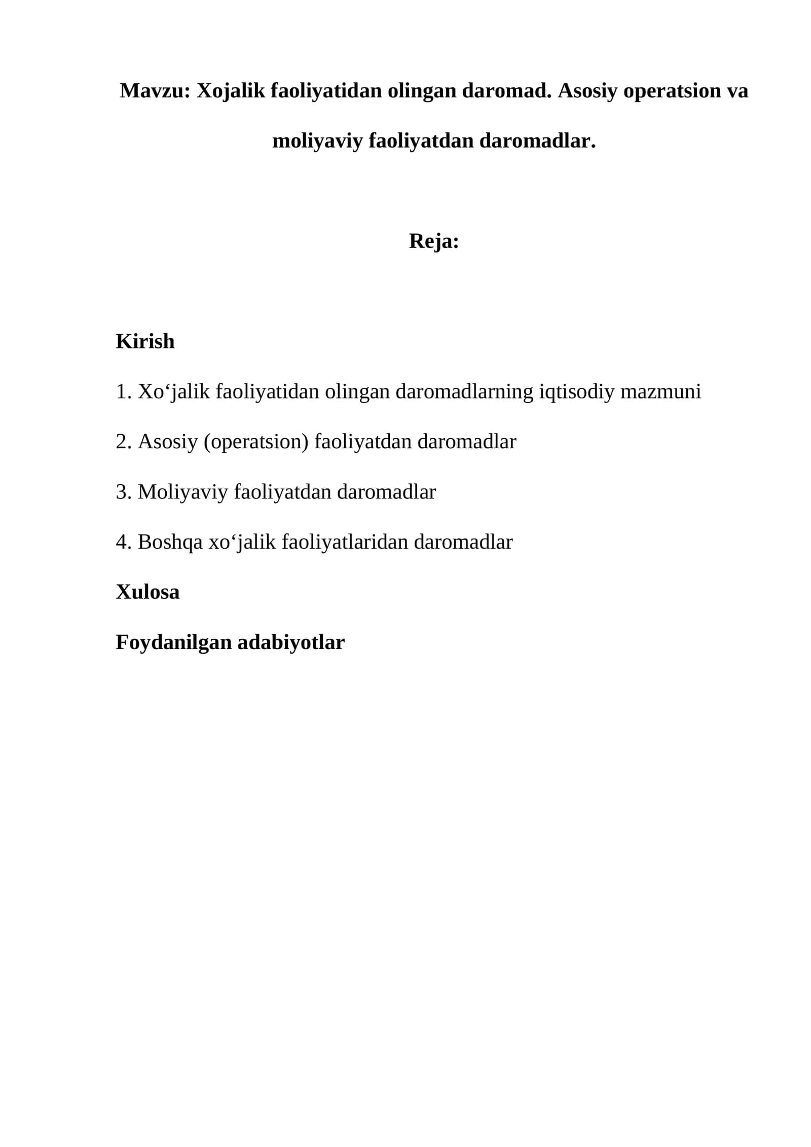Xojalik faoliyatidan olingan daromad. Asosiy operatsion va moliyaviy faoliyatdan daromadlar