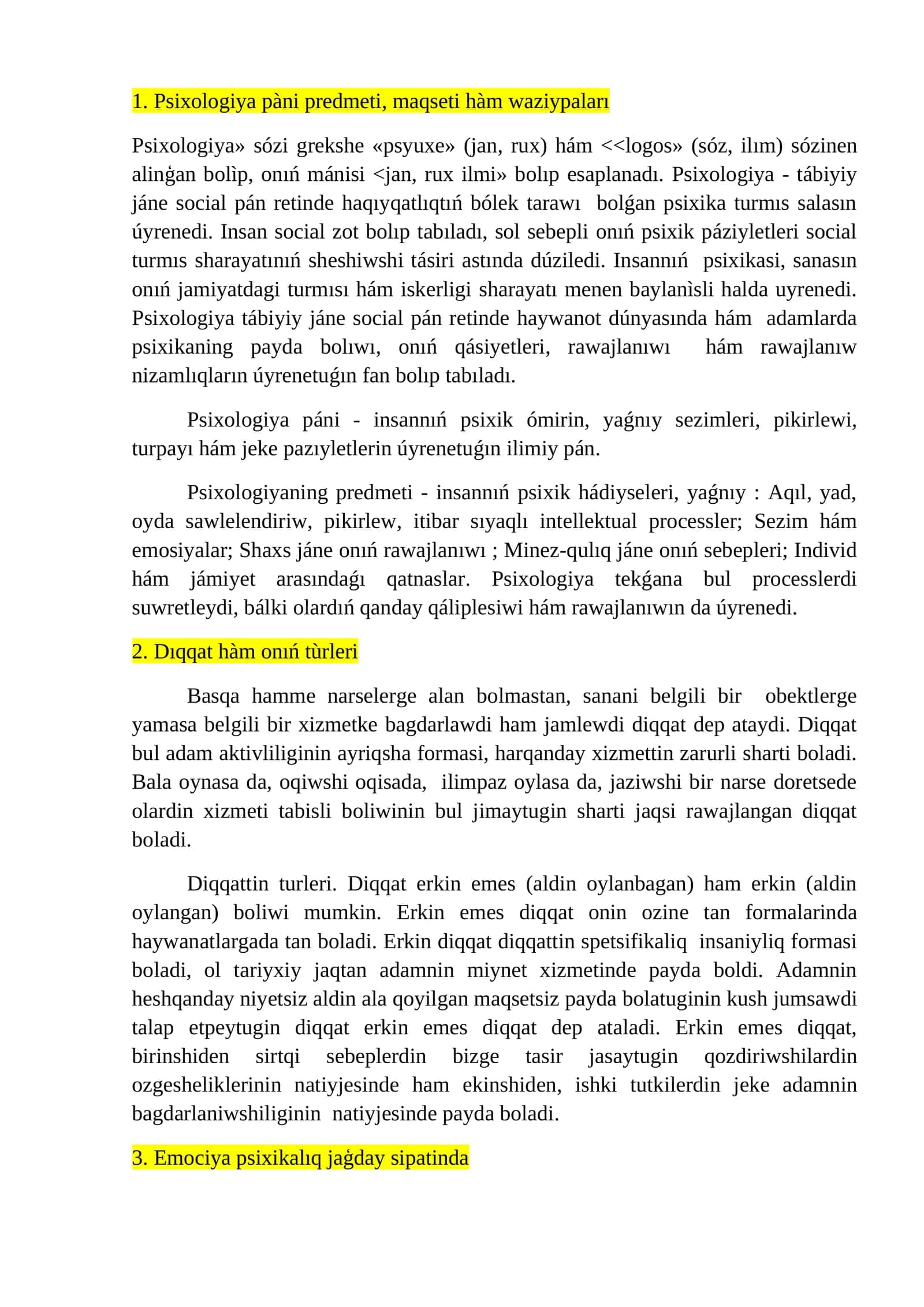 Psixologiya pàni predmeti, maqseti hàm waziypaları