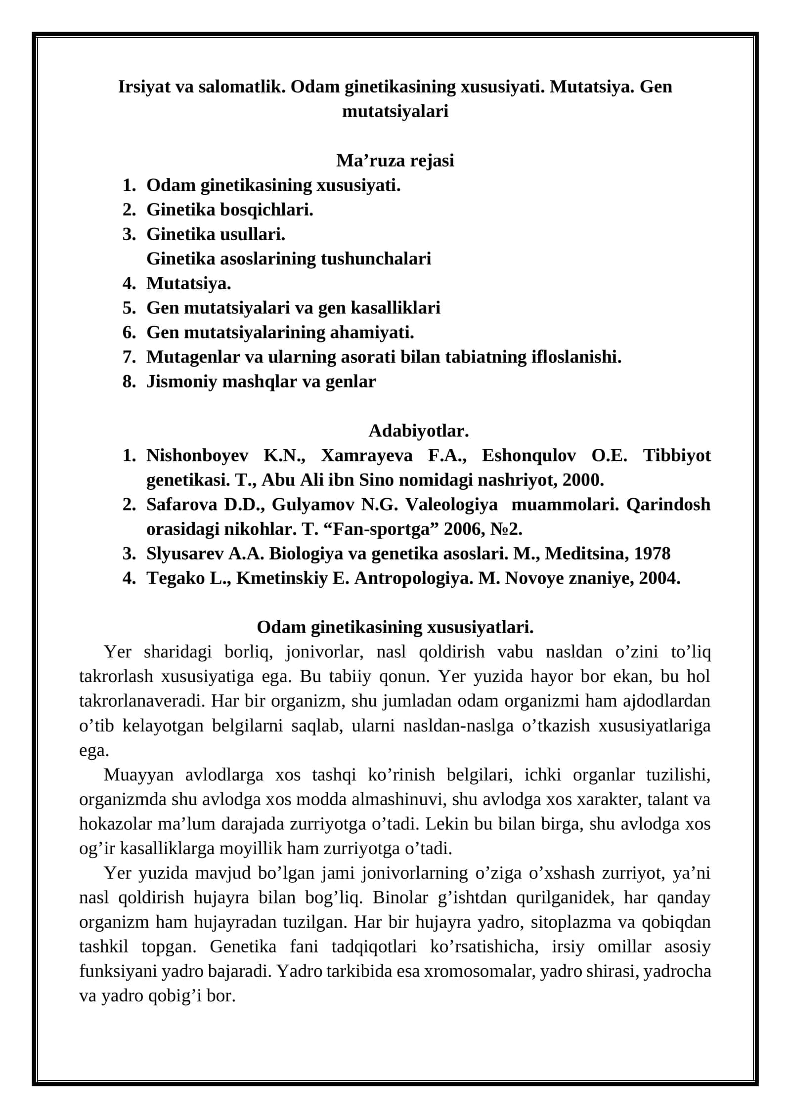 Irsiyat va salomatlik. Odam ginetikasining xususiyati. Mutatsiya. Gen mutatsiyalari