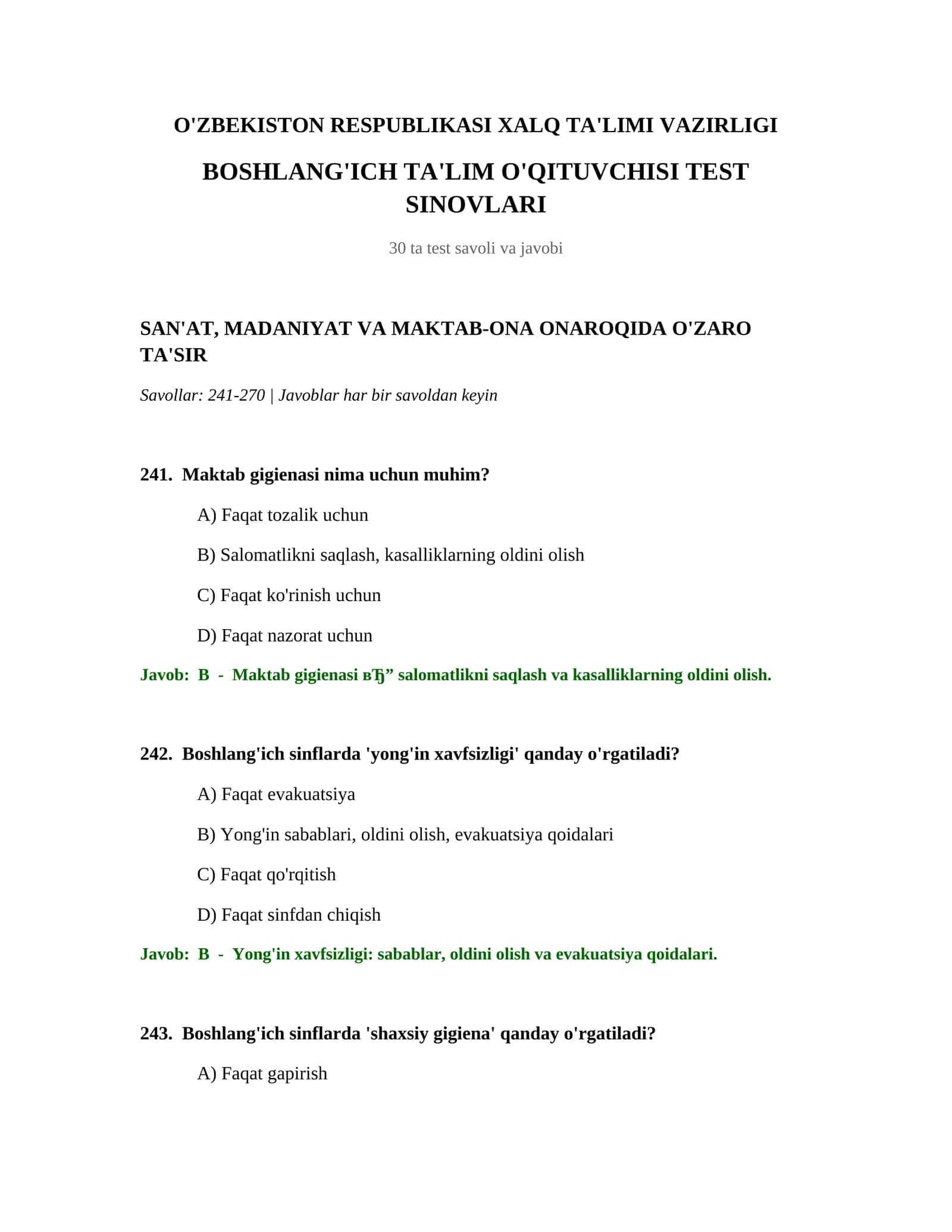 BOSHLANG'ICH TA'LIM O'QITUVCHISI TEST SINOVLARI