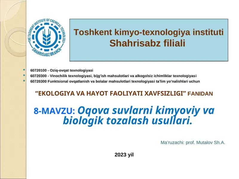 Oqova suvlarni kimyoviy va biologik tozalash usullari