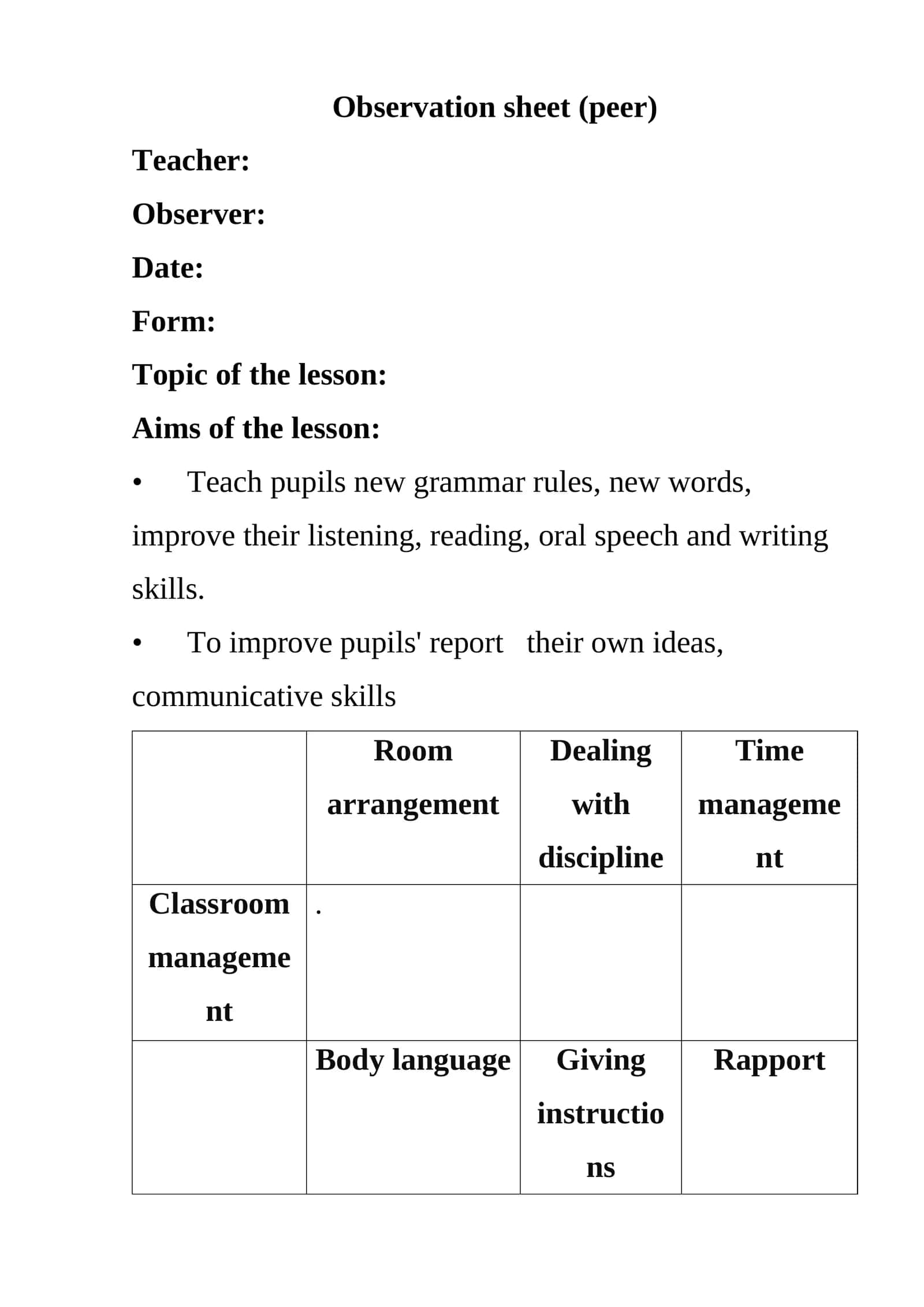 Observation sheet (peer)