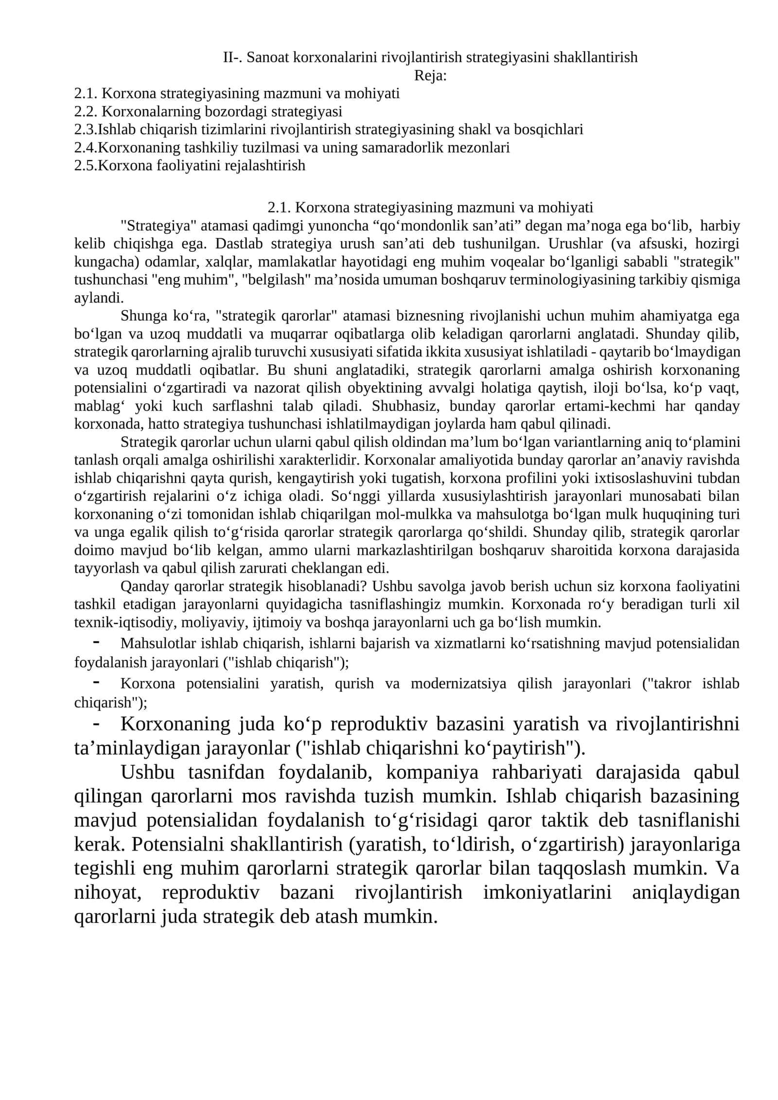 Korxona strategiyasining mazmuni va mohiyati