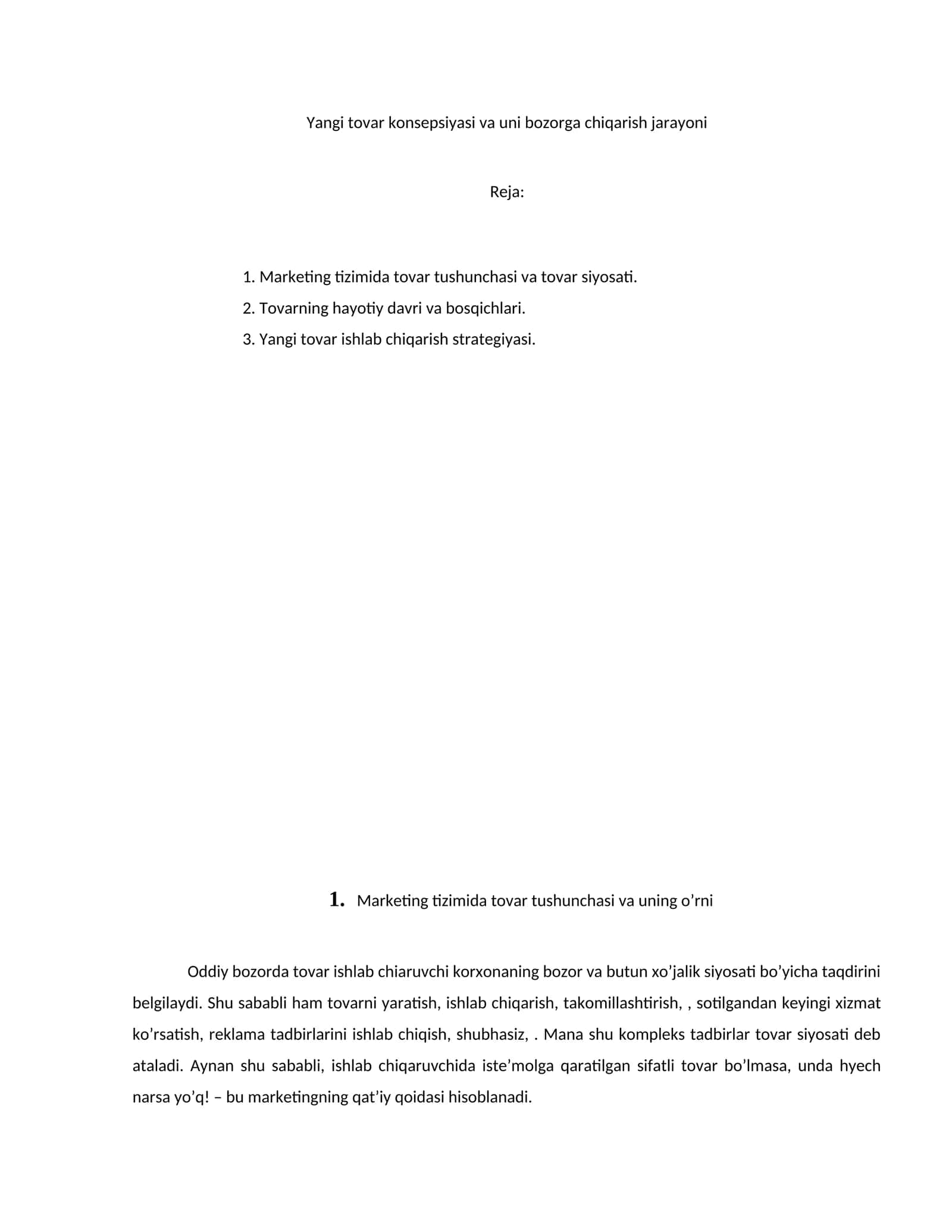 Yangi tovar konsepsiyasi va uni bozorga chiqarish jarayoni