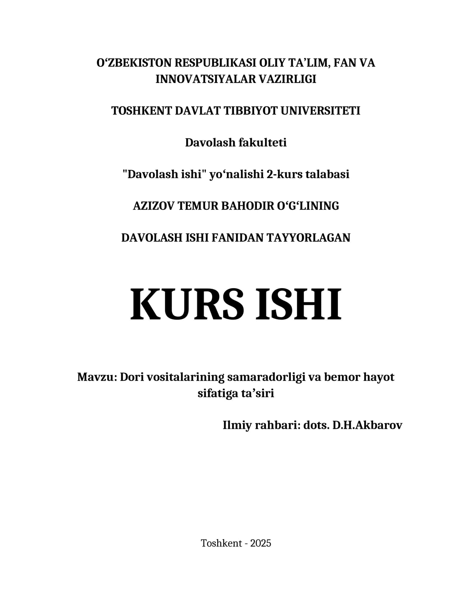DAVOLASH ISHI FANIDAN TAYYORLAGAN KURS ISHI