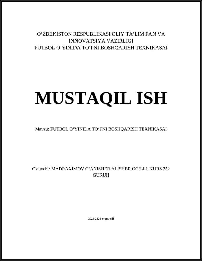 FUTBOL O'YINIDA TOʻPNI BOSHQARISH TEXNIKASAI