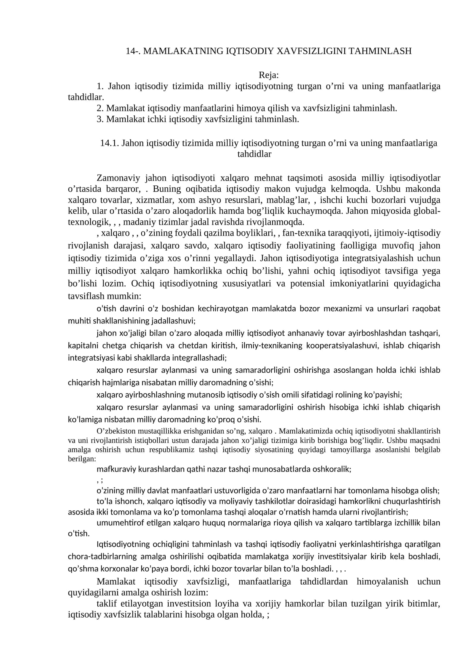 MAMLAKATNING IQTISODIY XAVFSIZLIGINI TAHMINLASH