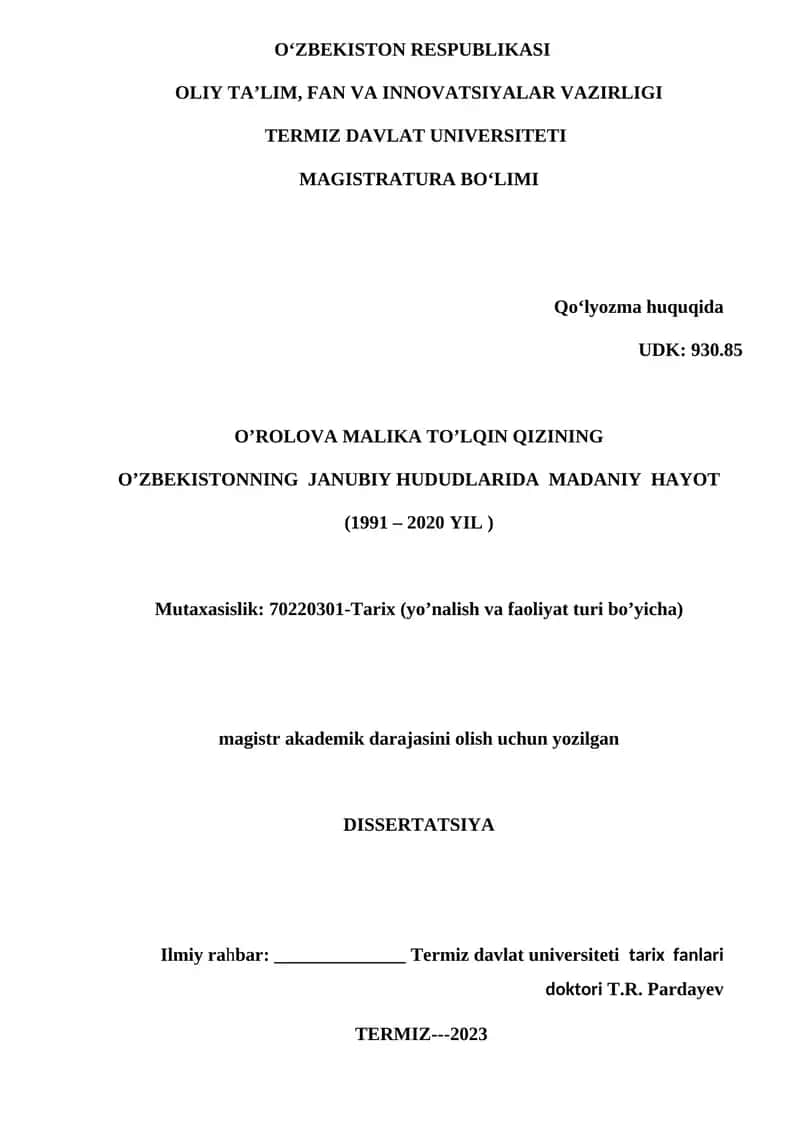 O’ZBEKISTONNING JANUBIY HUDUDLARIDA MADANIY HAYOT (1991 – 2020 YIL )