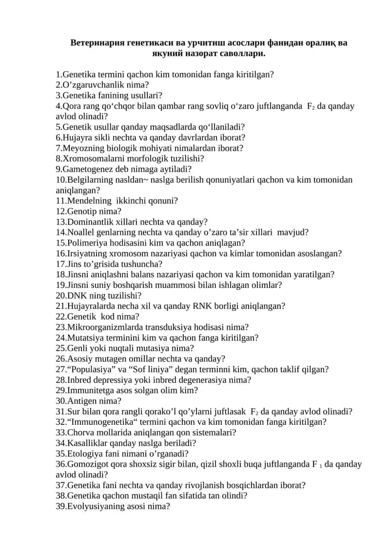 Vetеrinariya genetikasi va urchitish asoslari