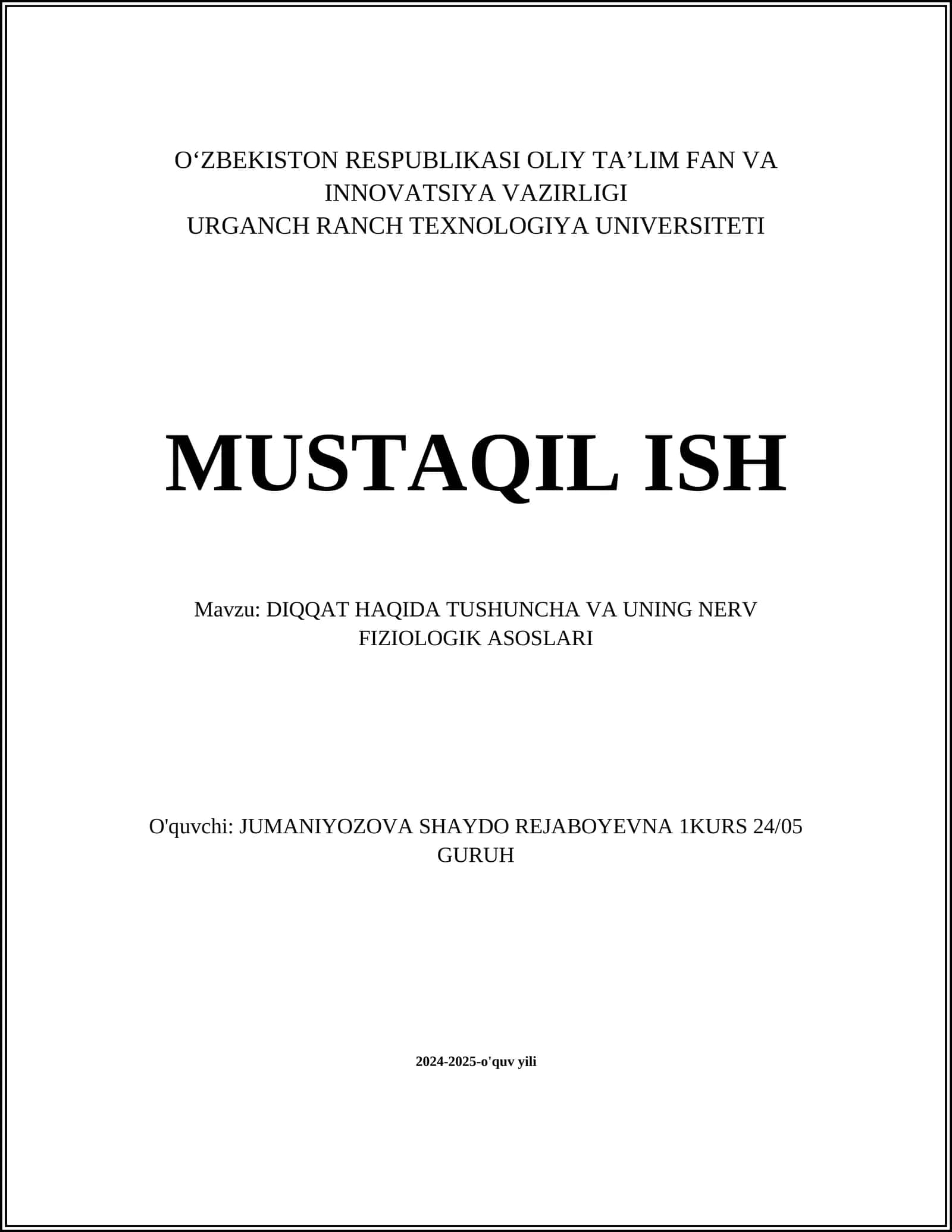 DIQQAT HAQIDA TUSHUNCHA VA UNING NERV FIZIOLOGIK ASOSLARI