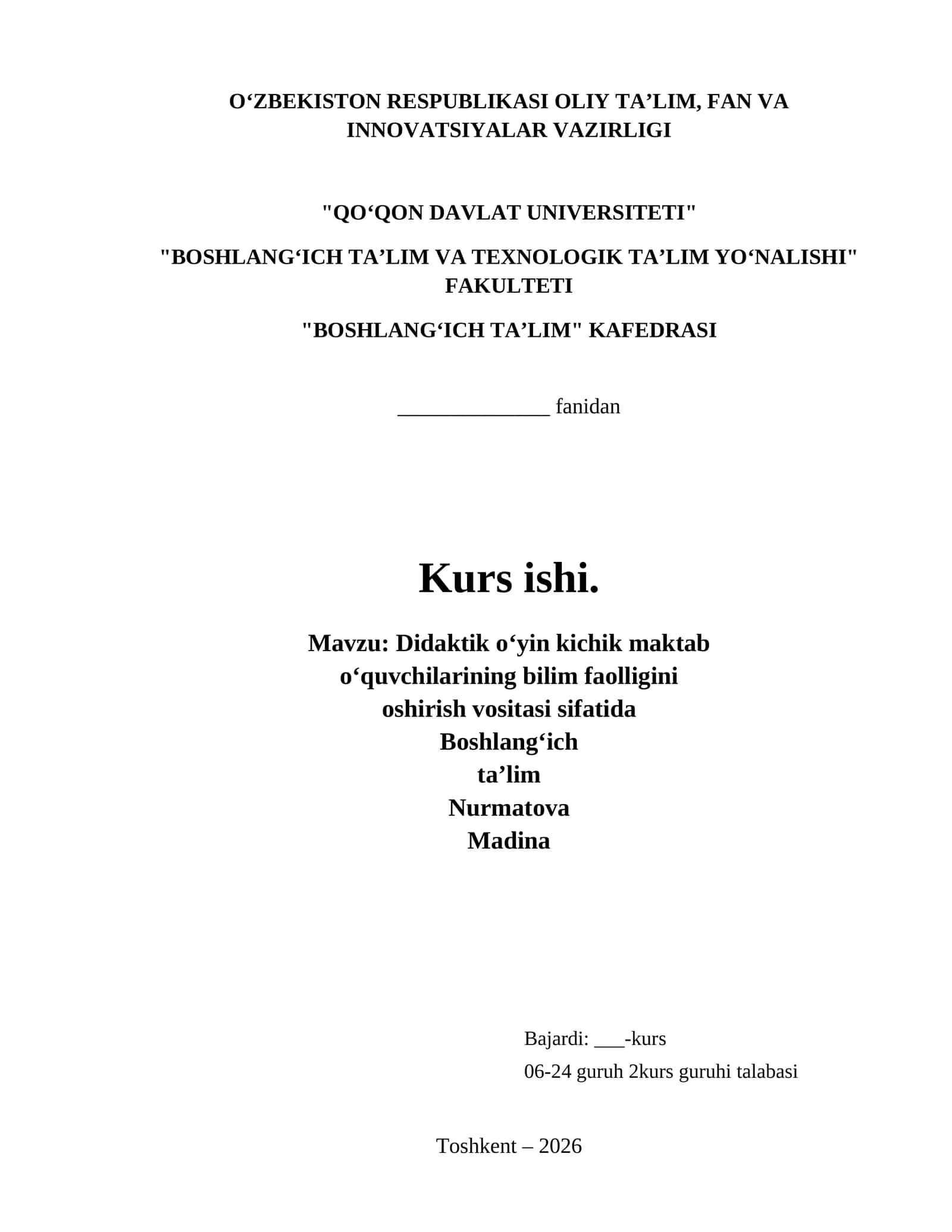 Didaktik oʻyin kichik maktab