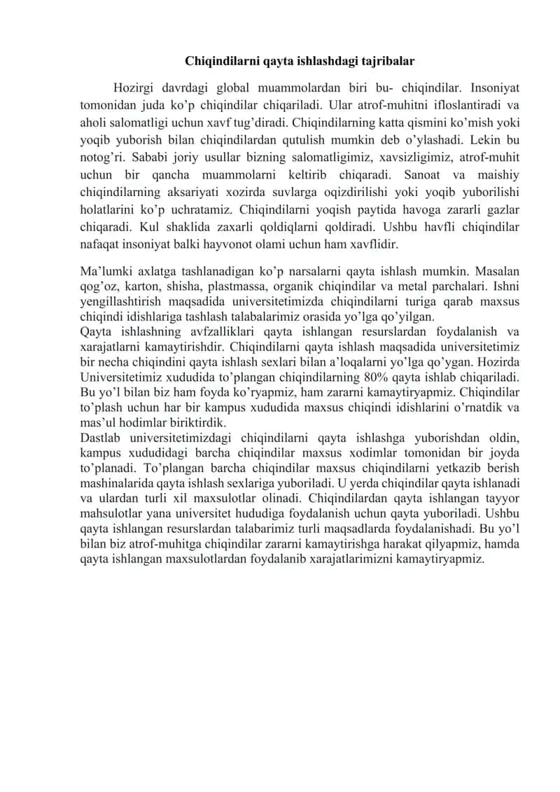 Chiqindilarni qayta ishlashdagi tajribalar