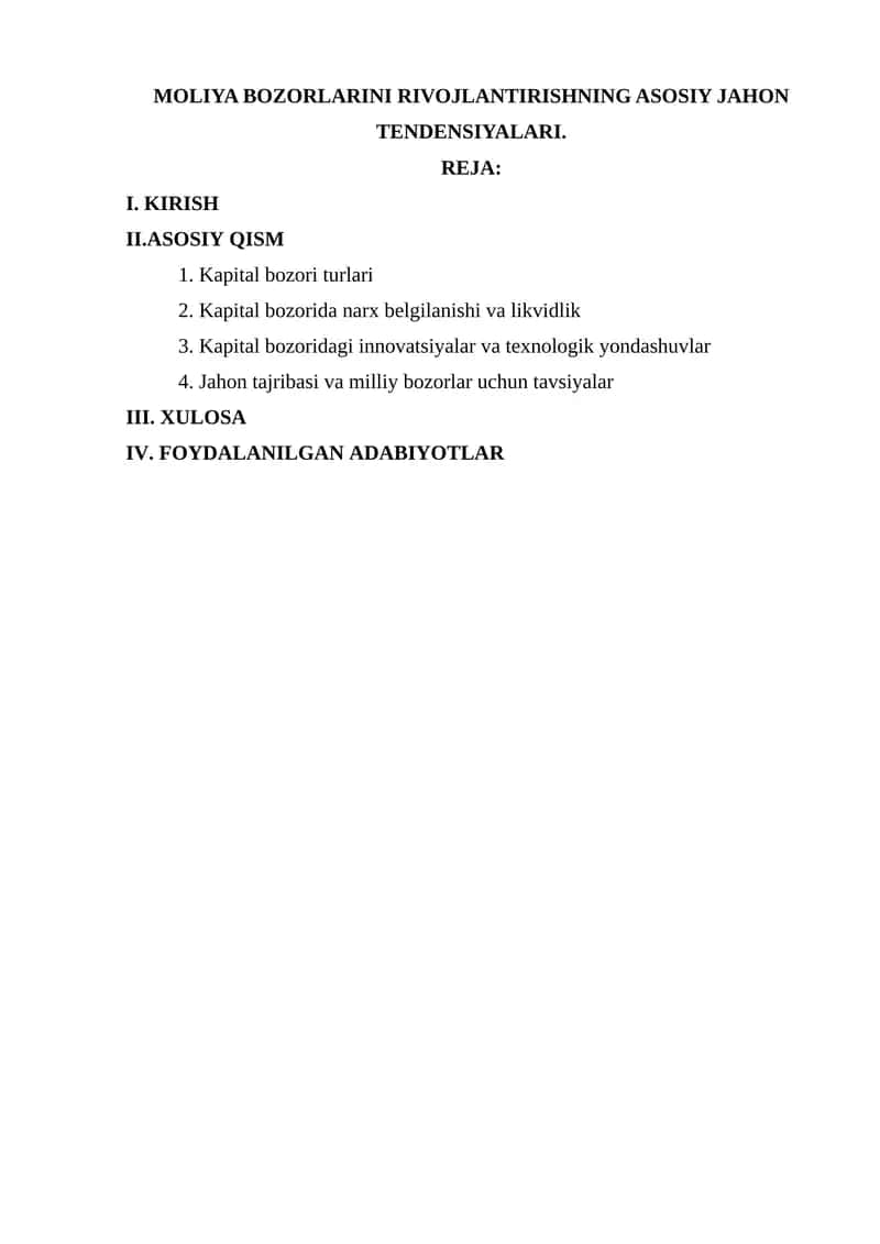 MOLIYA BOZORLARINI RIVOJLANTIRISHNING ASOSIY JAHON TENDENSIYALARI
