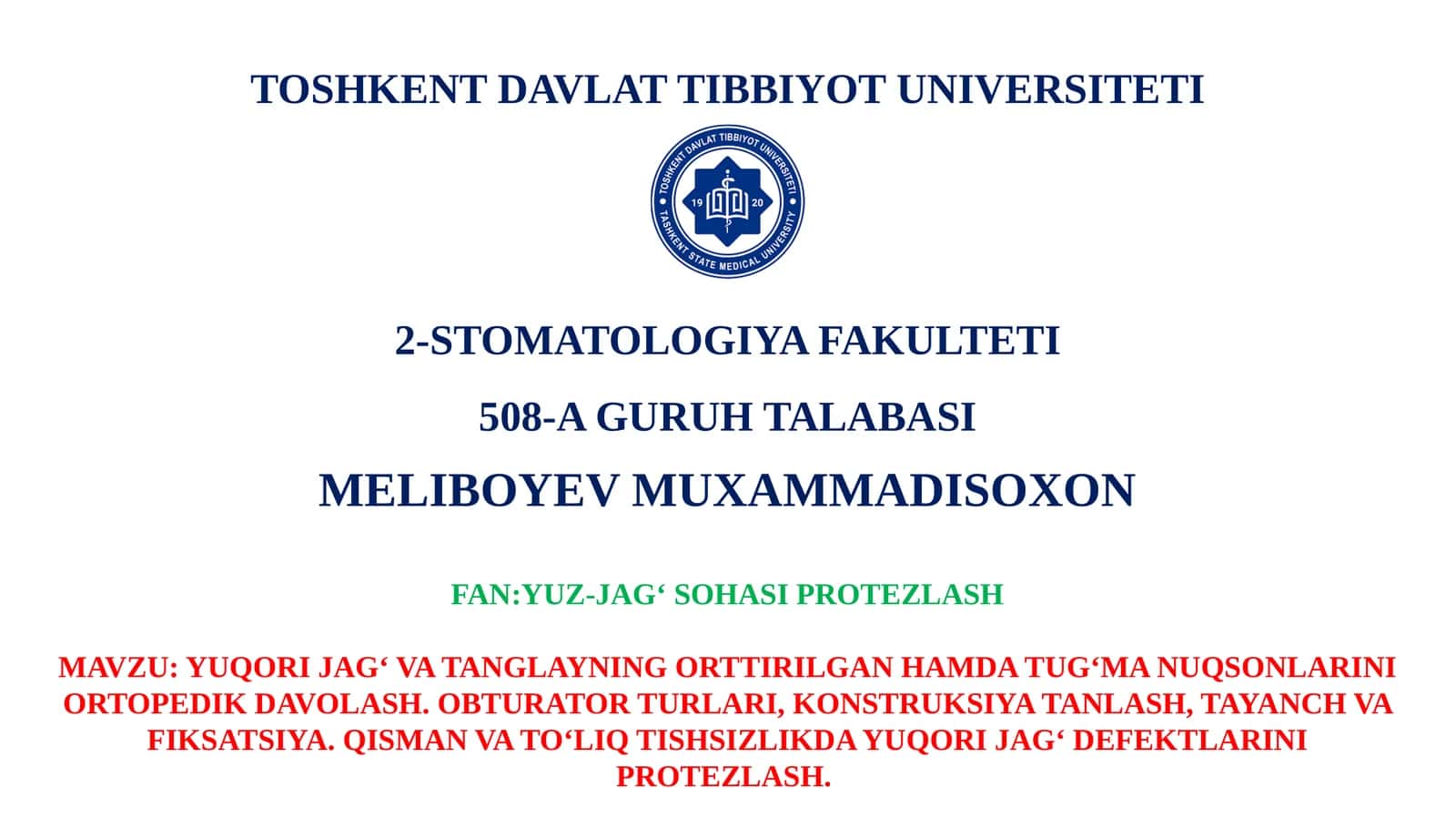 Yuqori Jag' va Tanglayning Ortirilgan Hamda Tug'ma Nuqsonlarini Ortopedik Davolash