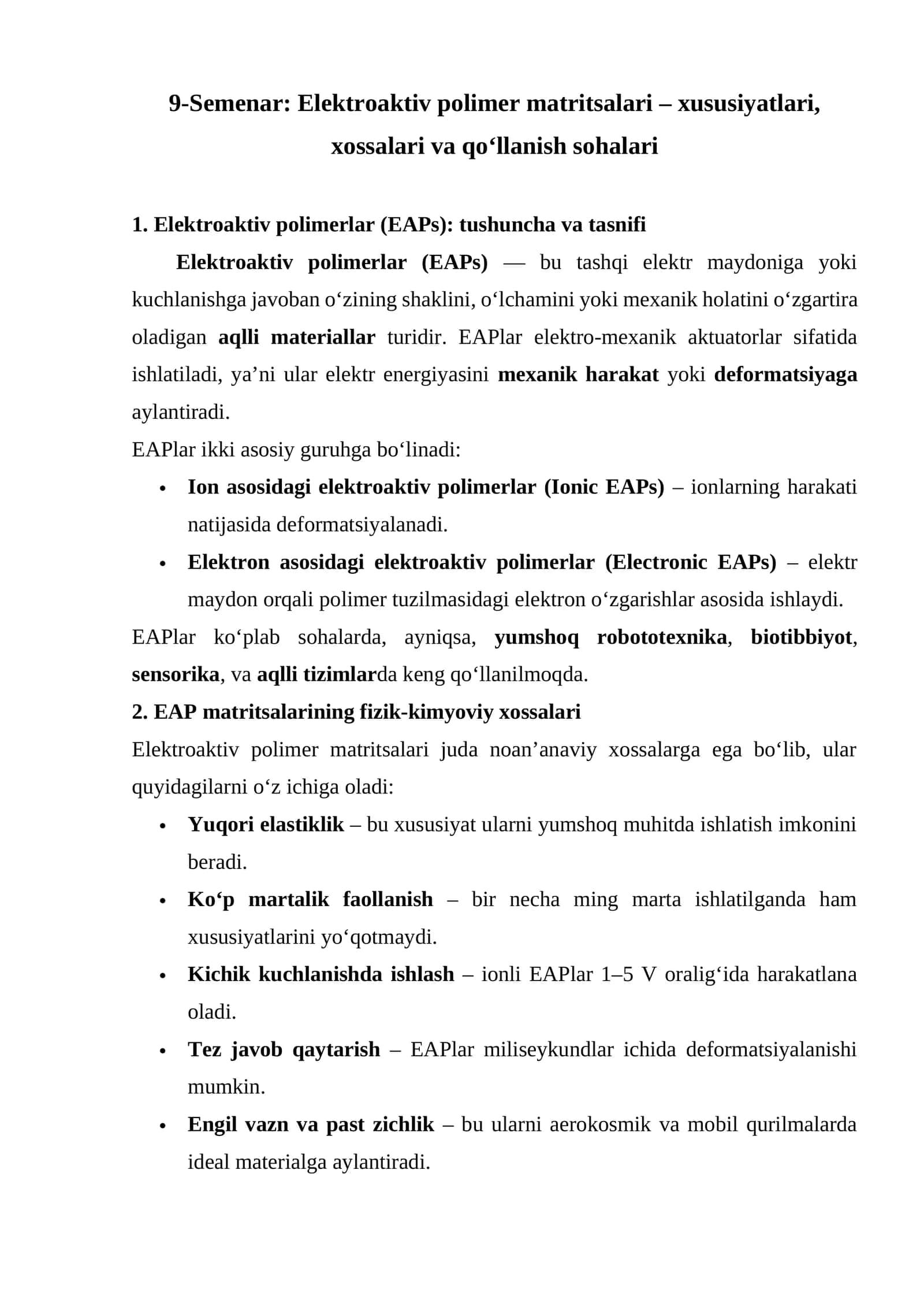 Elektroaktiv polimer matritsalari – xususiyatlari, xossalari va qo‘llanish sohalari