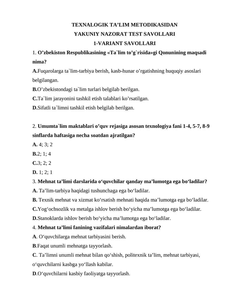 TEXNALOGIK TA’LIM METODIKASIDAN YAKUNIY NAZORAT TEST SAVOLLARI