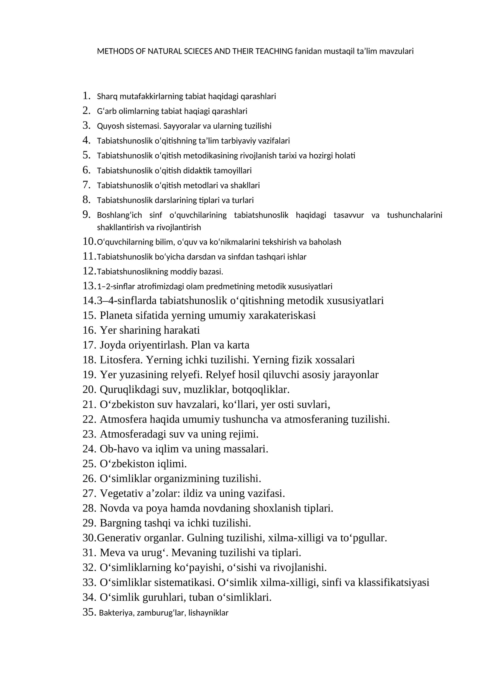 METHODS OF NATURAL SCIECES AND THEIR TEACHING fanidan mustaqil ta’lim mavzulari