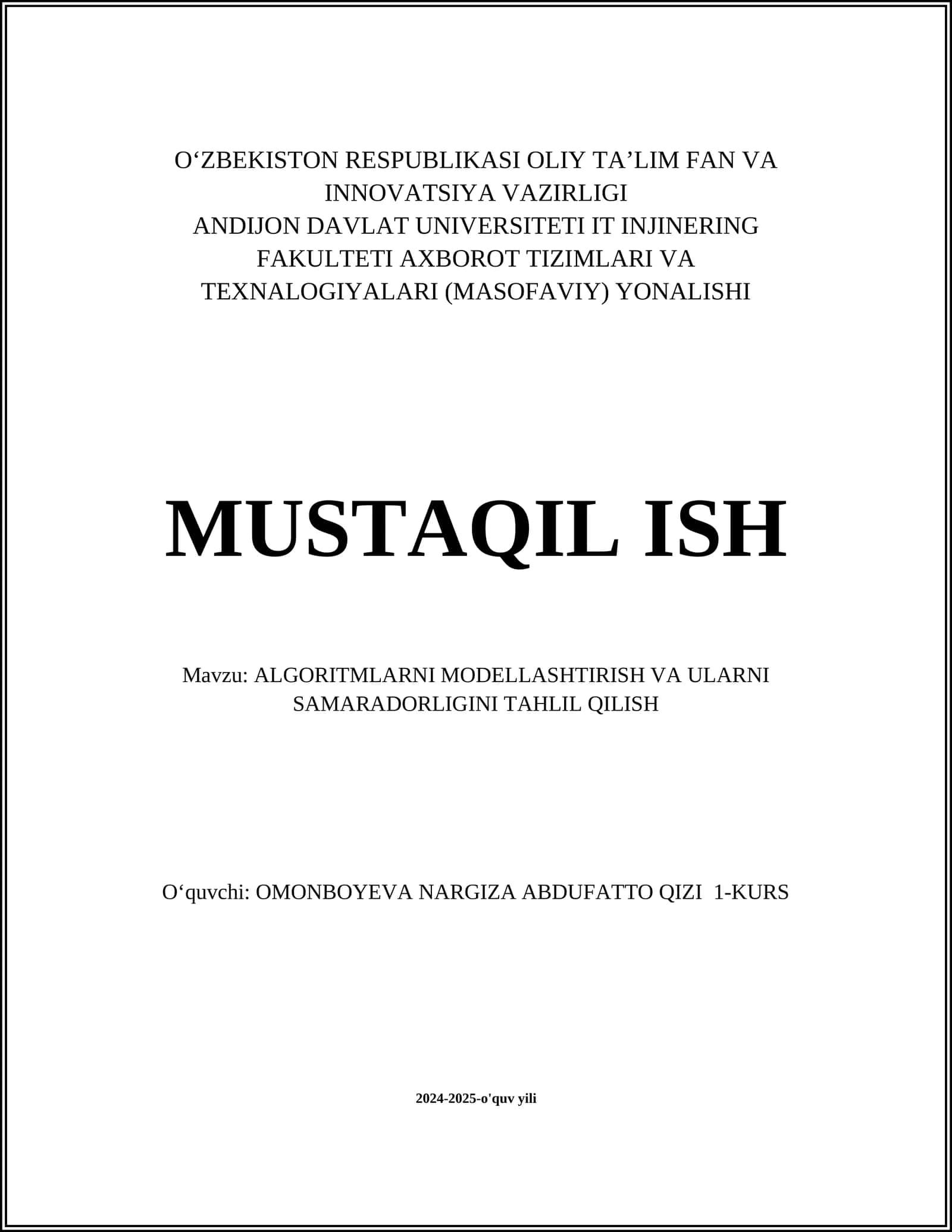 ALGORITMLARNI MODELLASHTIRISH VA ULARNI SAMARADORLIGINI TAHLIL QILISH