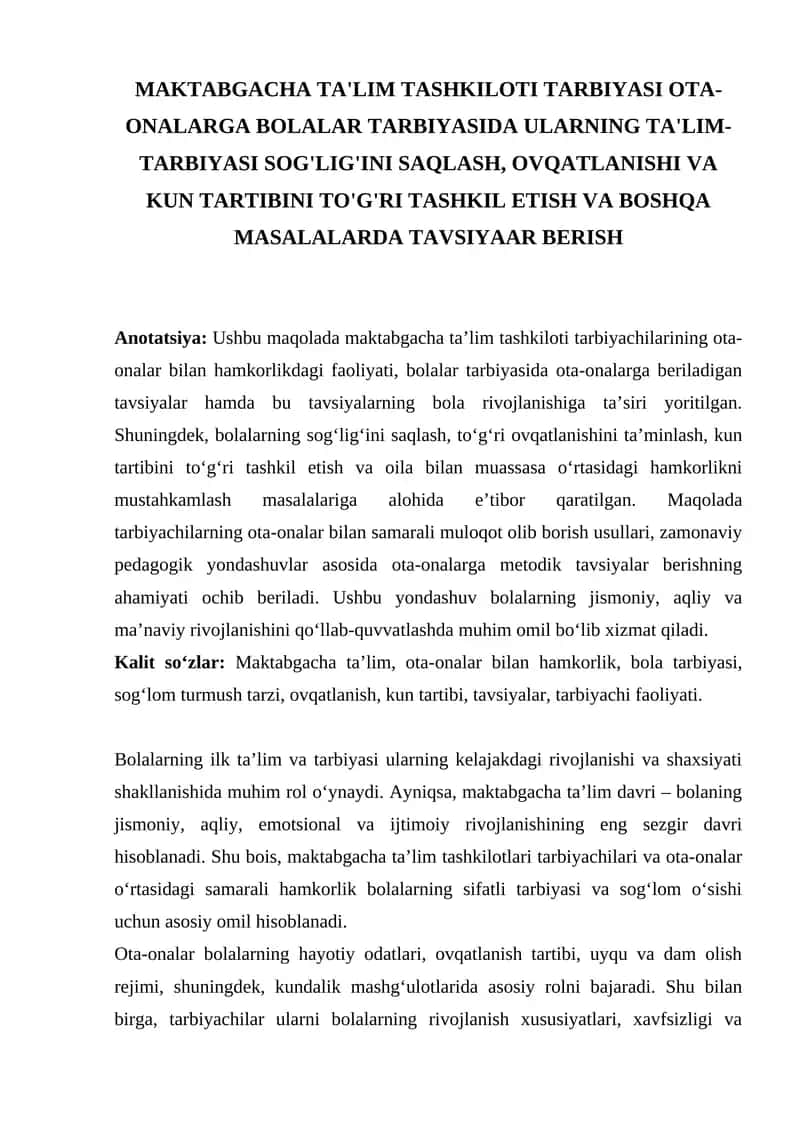 MAKTABGACHA TA'LIM TASHKILOTI TARBIYASI