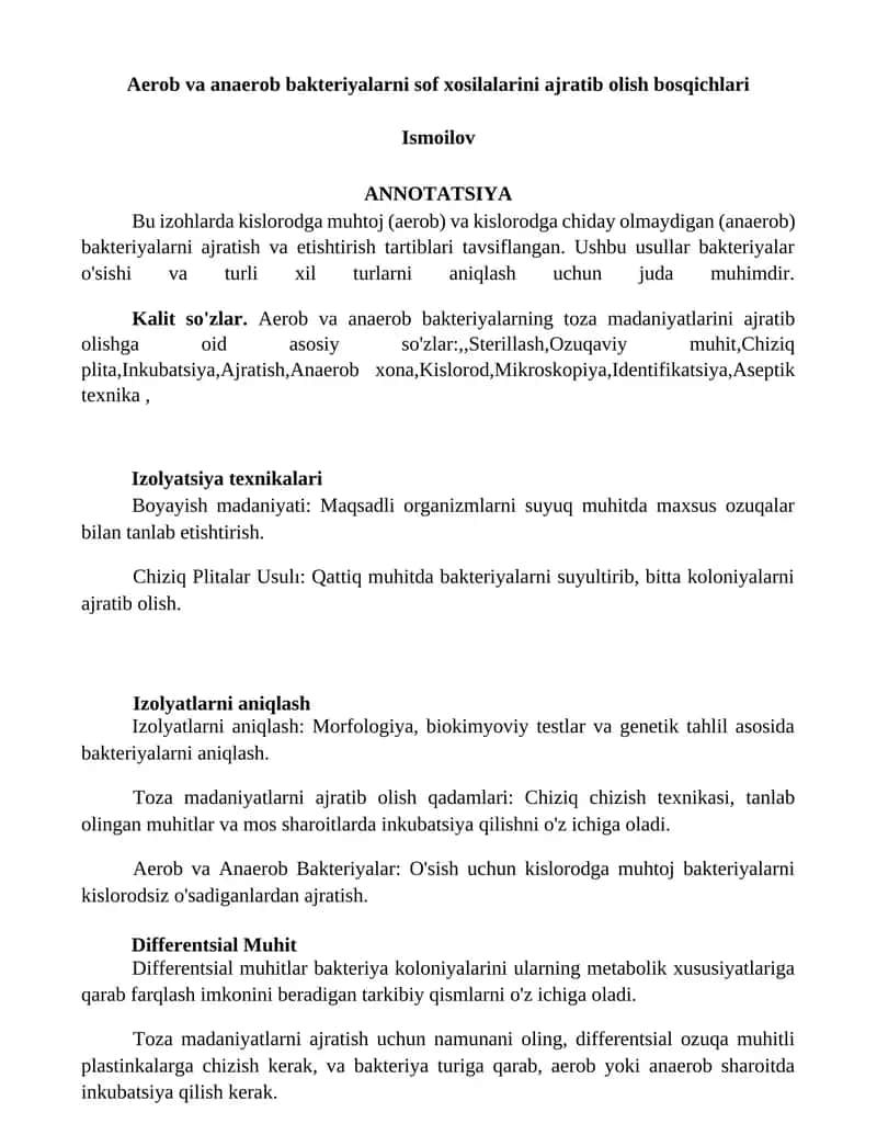 Aerob va anaerob bakteriyalarni sof xosilalarini ajratib olish bosqichlari Ismoilov