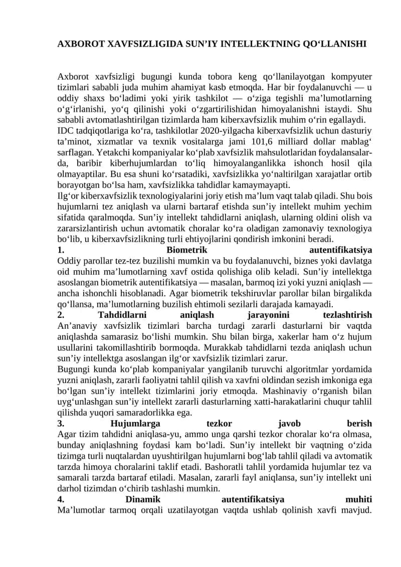Axborot xavfsizligida sun'iy intelekning qo'llanishi