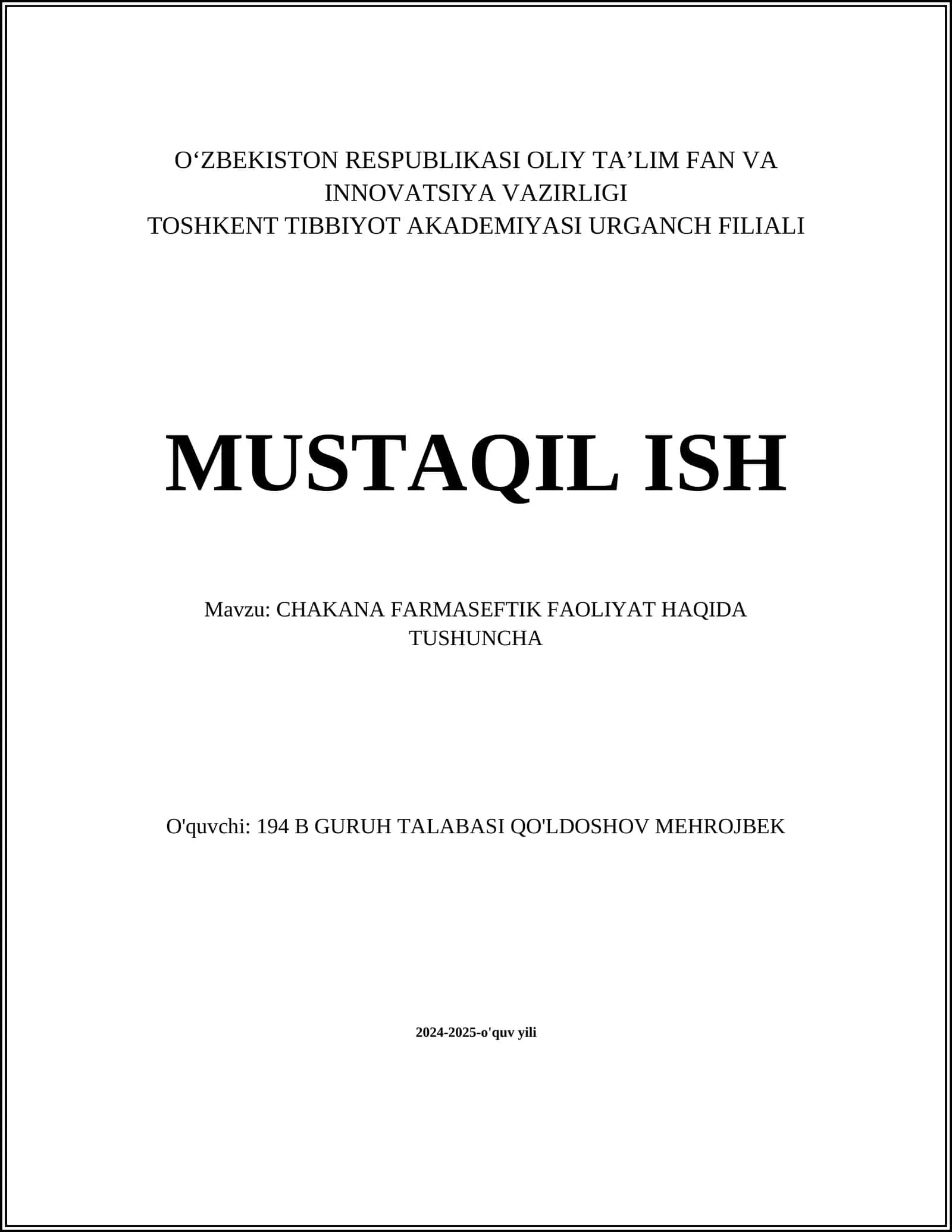 CHAKANA FARMASEFTIK FAOLIYAT HAQIDA TUSHUNCHA