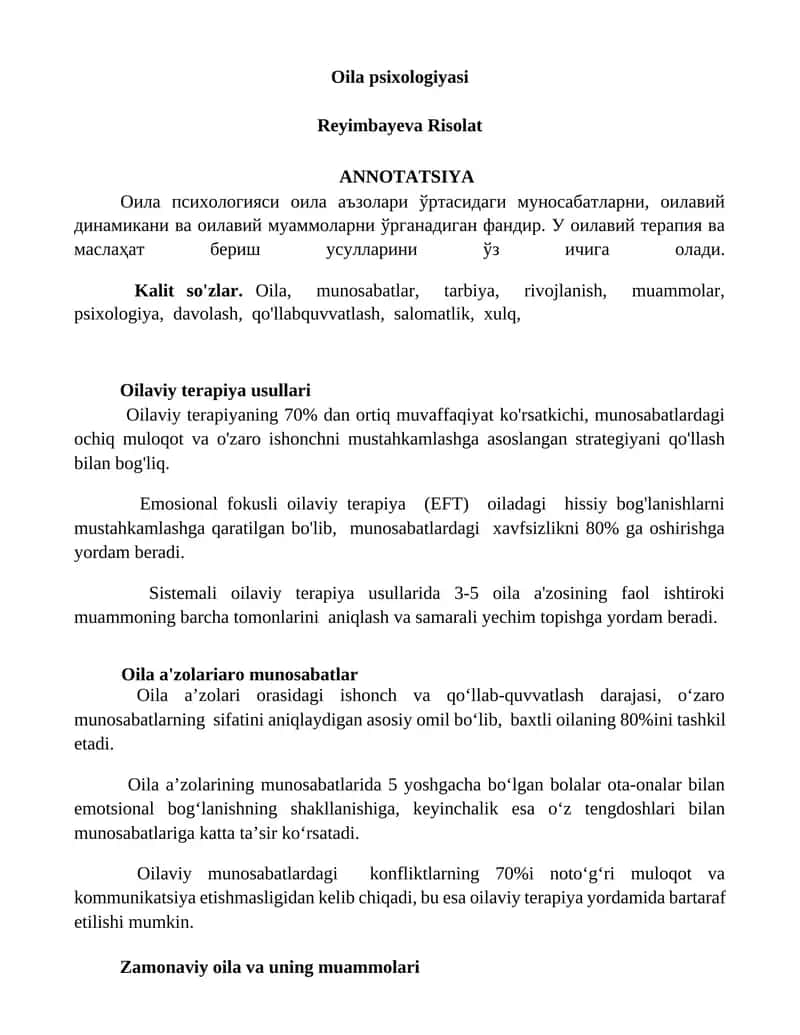 Oilaviy terapiya usullari