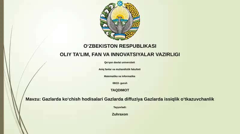 Gazlarda koʻchish hodisalari Gazlarda diffuziya Gazlarda issiqlik oʻtkazuvchanlik
