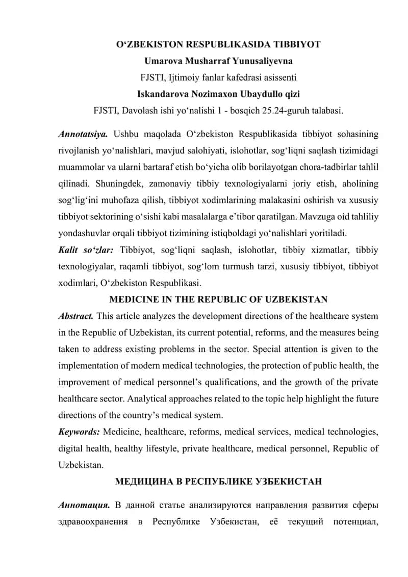 OʻZBEKISTON RESPUBLIKASIDA TIBBIYOT