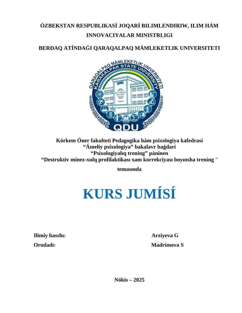Destruktiv minez-xulq profilaktikası xam korrekciyası boyınsha trening