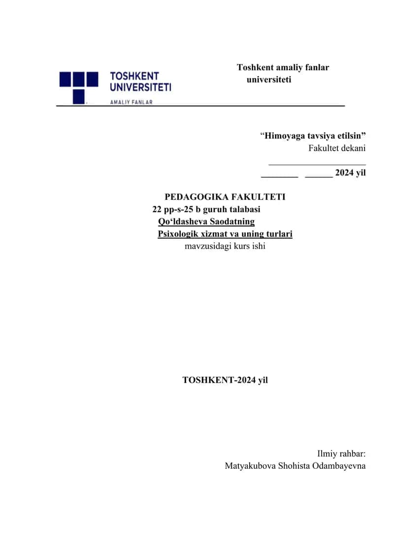 Psixologik xizmat va uning turlari.