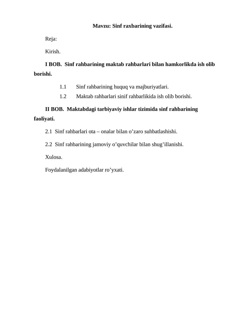 Sinf raxbarining vazifasi