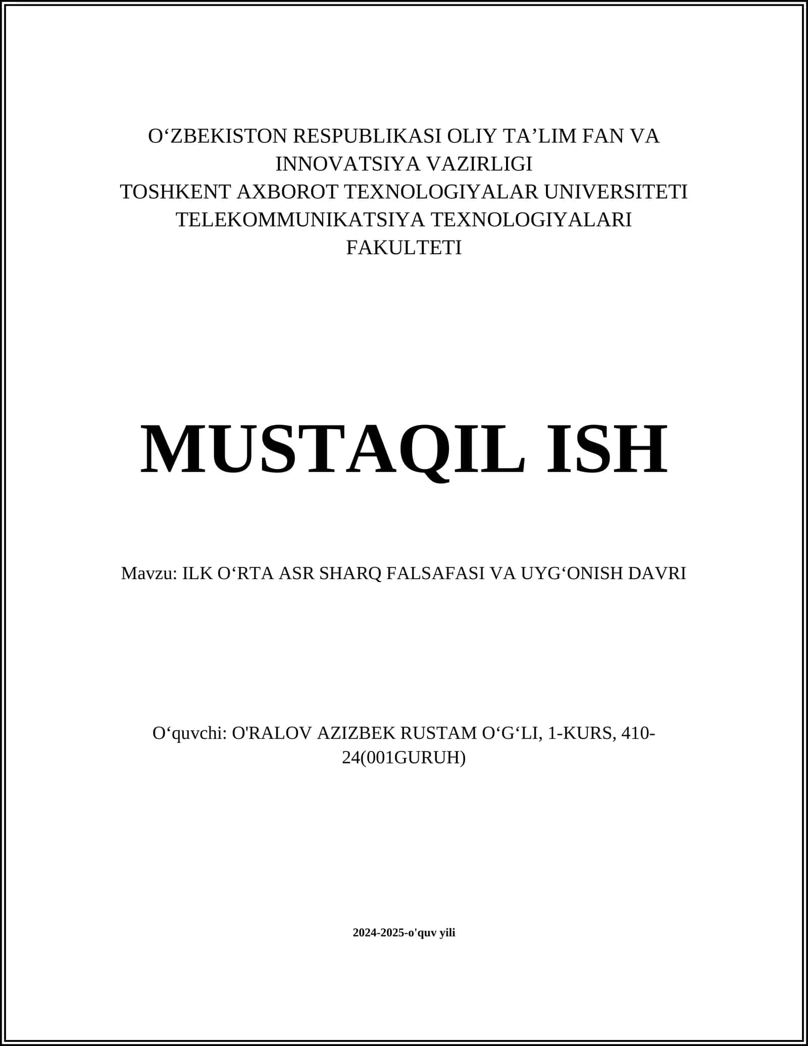 ILK O‘RTA ASR SHARQ FALSAFASI VA UYG‘ONISH DAVRI