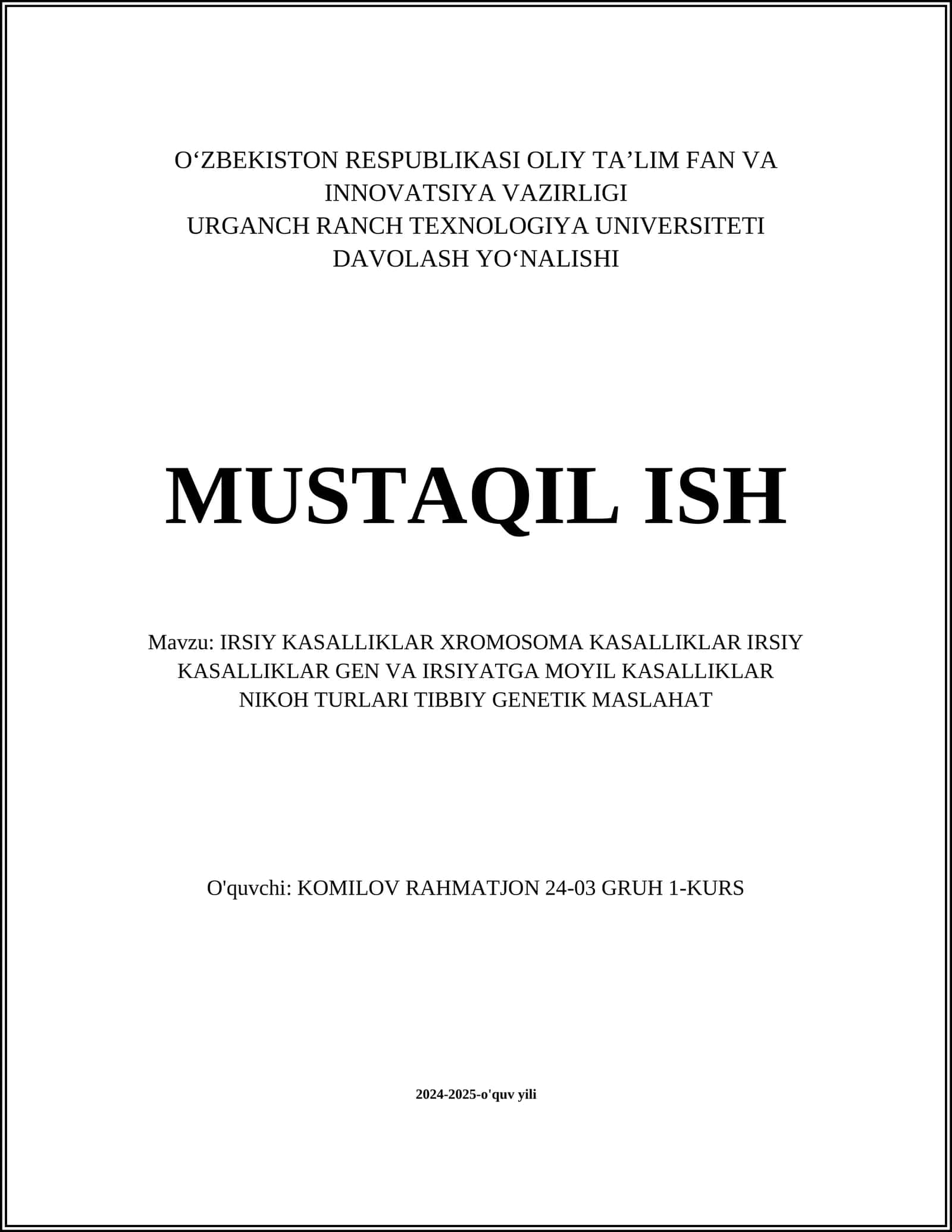 IRSIY KASALLIKLAR GEN VA IRSIYATGA MOYIL KASALLIKLAR NIKOH TURLARI