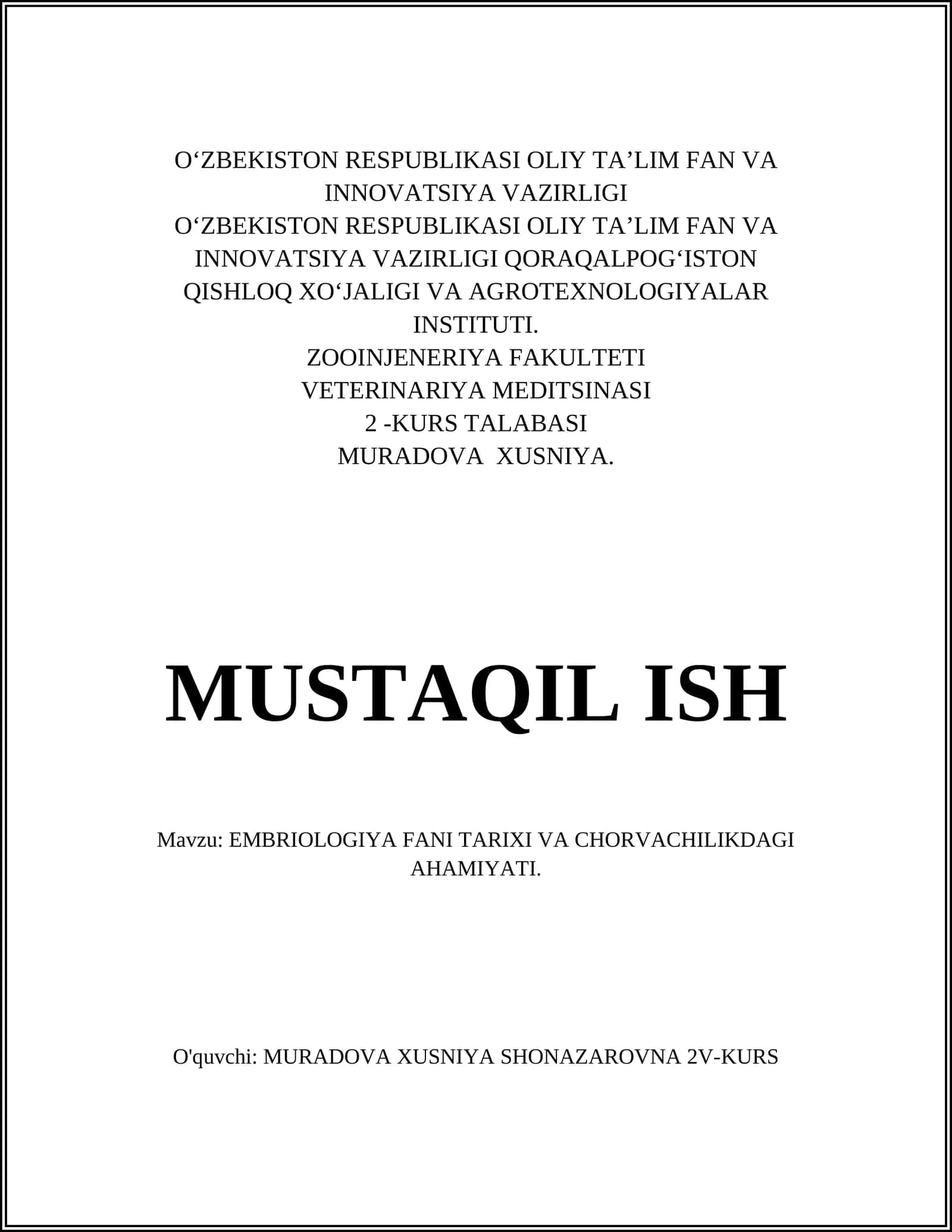 EMBRIOLOGIYA FANI TARIXI VA CHORVACHILIKDAGI AHAMIYATI